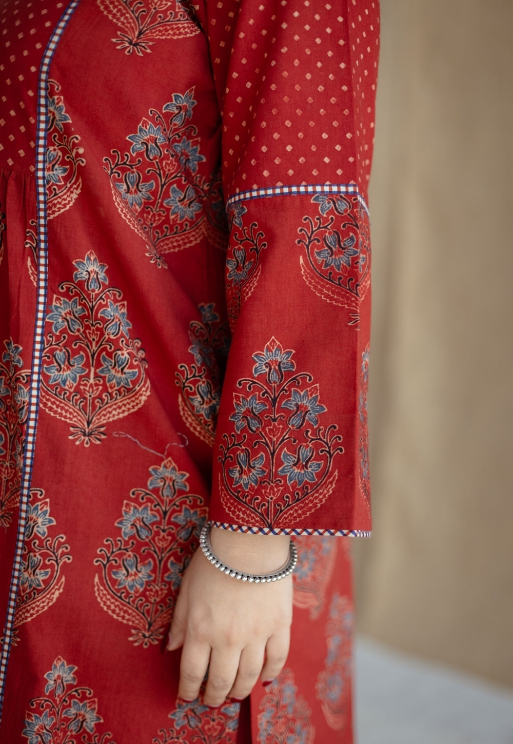 Divyathi Red Ajrakh Cotton A Line Kurta with Hand Embroidery