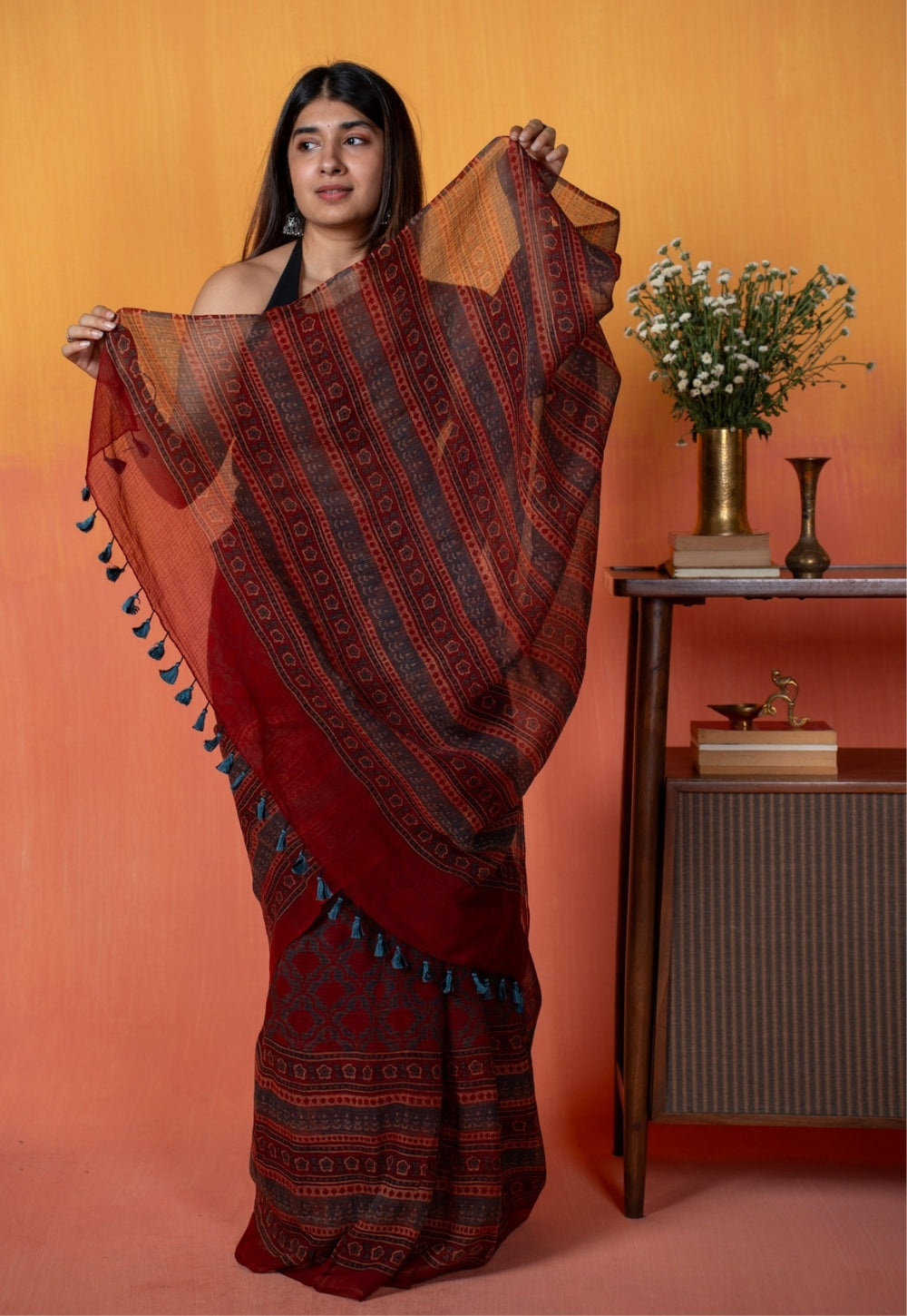 Red Floral Jaal Ajrakh Hand Block Print Kota Doria Cotton Saree