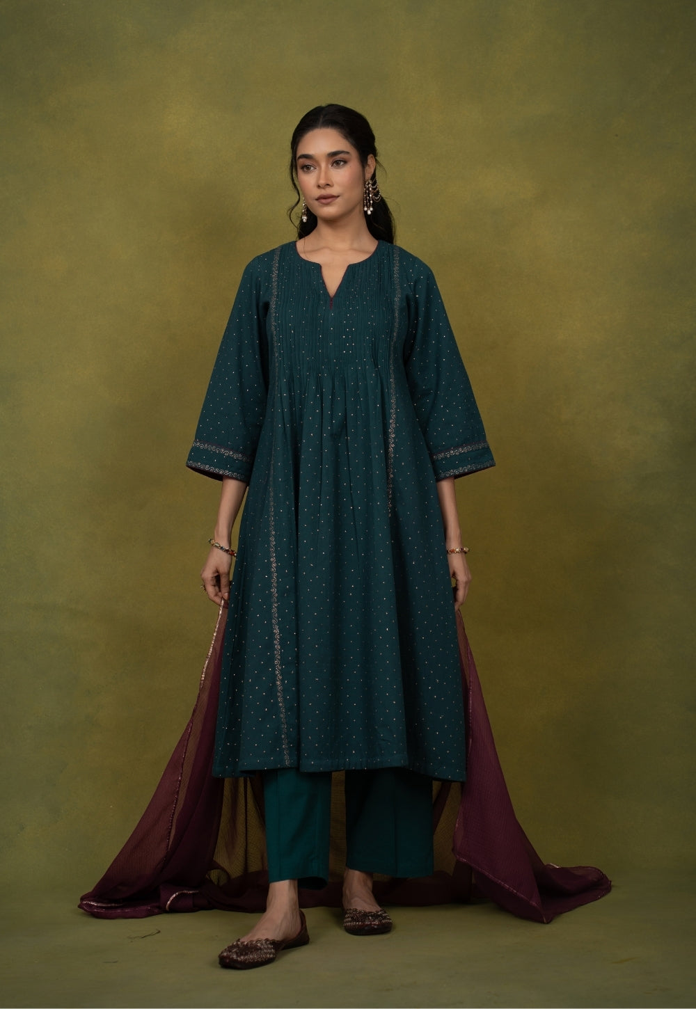 Jannat Blue Rogan Handblock Printed Cotton Kali Kurta Suit Set (Set of 3)