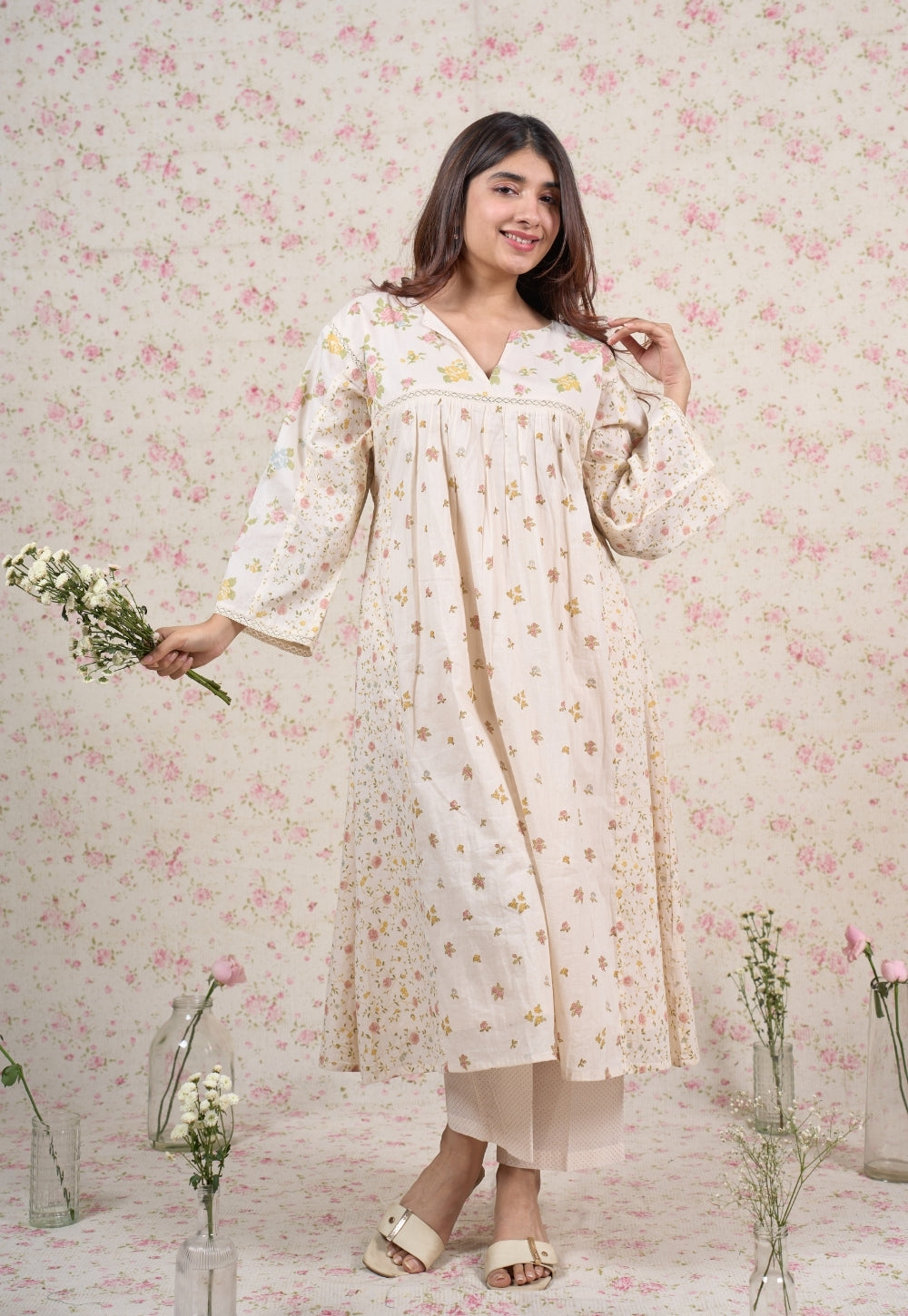Stella White Sanganeri Mul Cotton Kali Kurta Set (Set of 2)