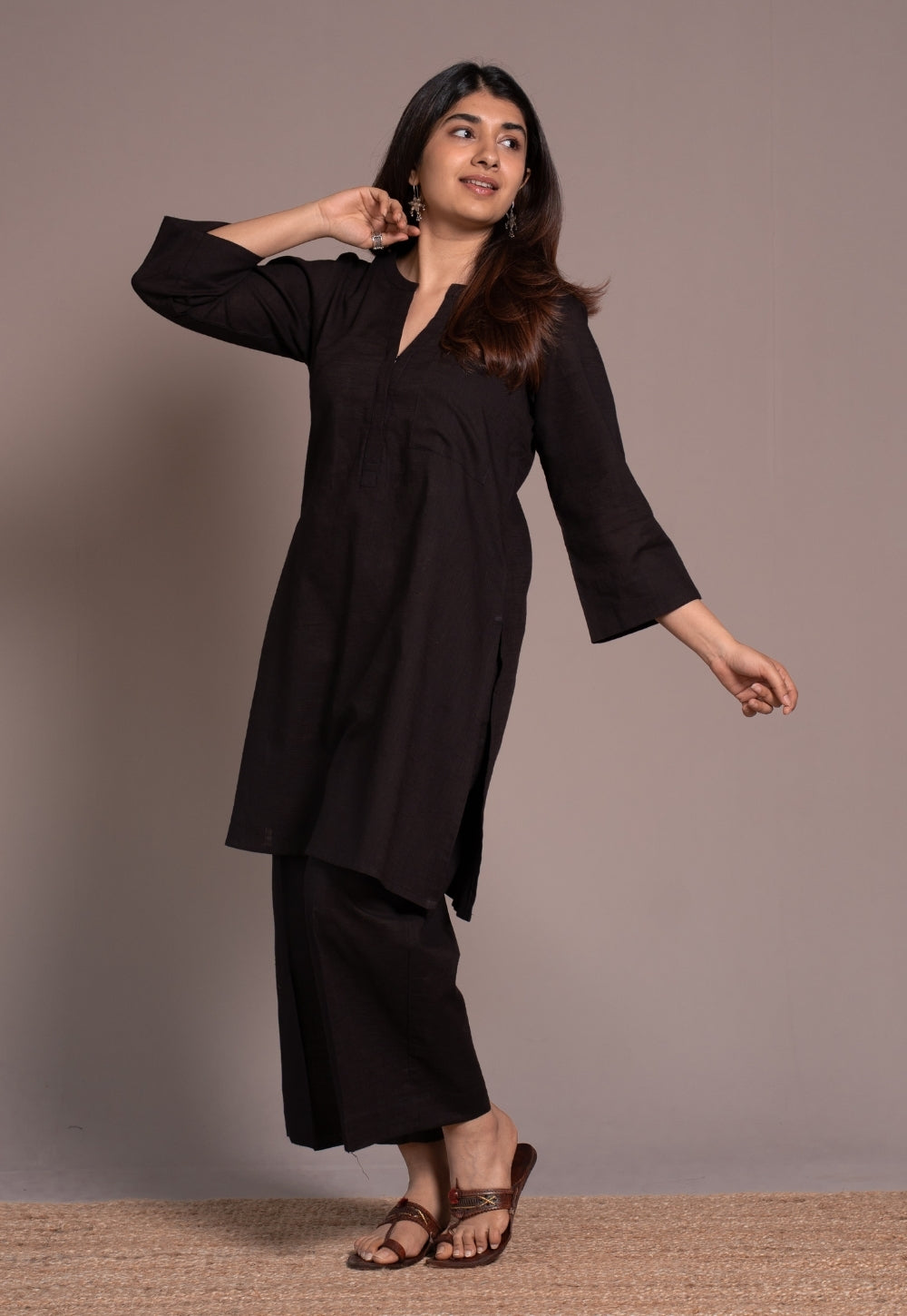 Dark Brown Solid Slub Cotton Co-Ord Set - DyeVerse
