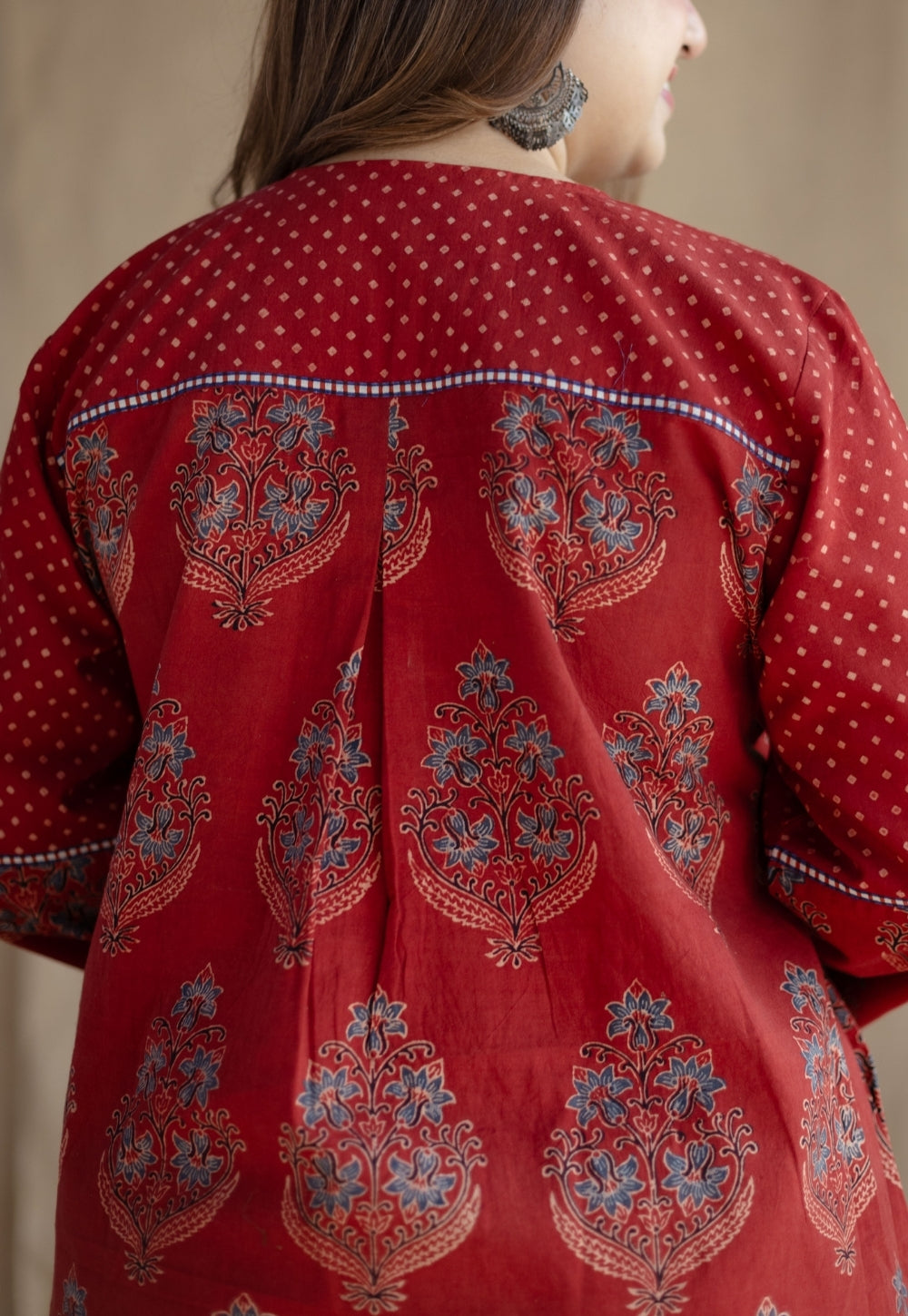 Divyathi Red Ajrakh Cotton A Line Kurta with Hand Embroidery
