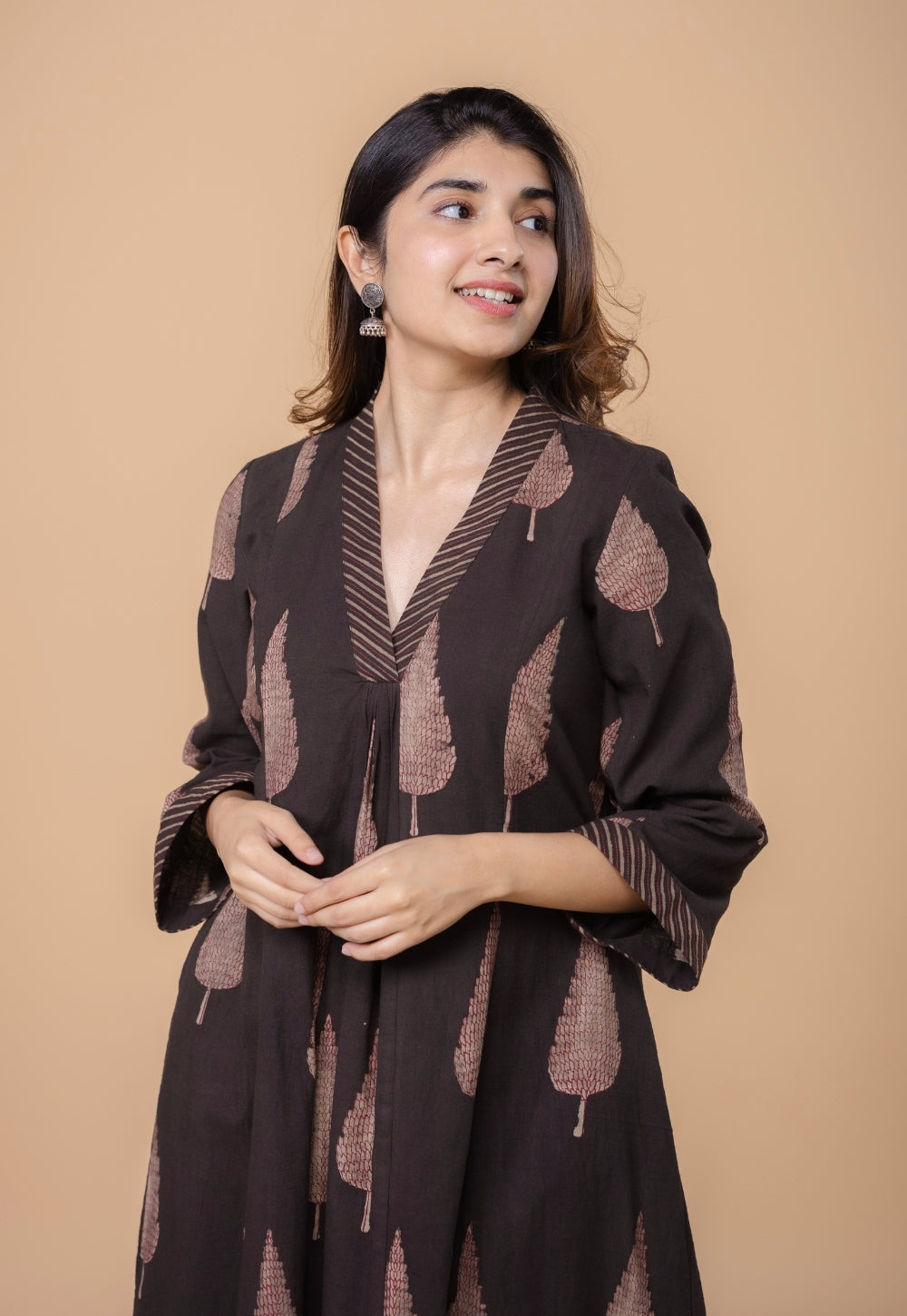 Eshita Brown Dabu Slub Cotton A Line Kurta Set (Set of 2)