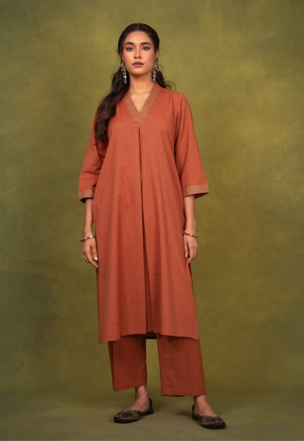 Sakhi Orange Rogan Handblock Printed Cotton Straight Kurta Suit Set (Set of 3)