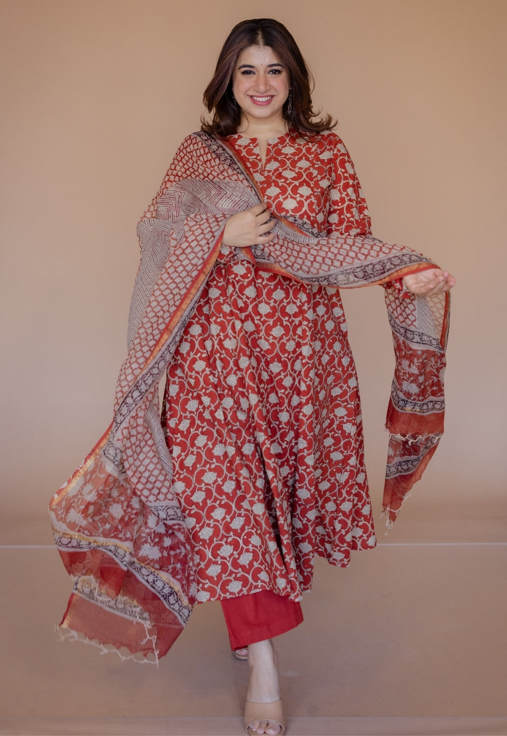 Shinat Red Bagru Cotton Kali Kurta