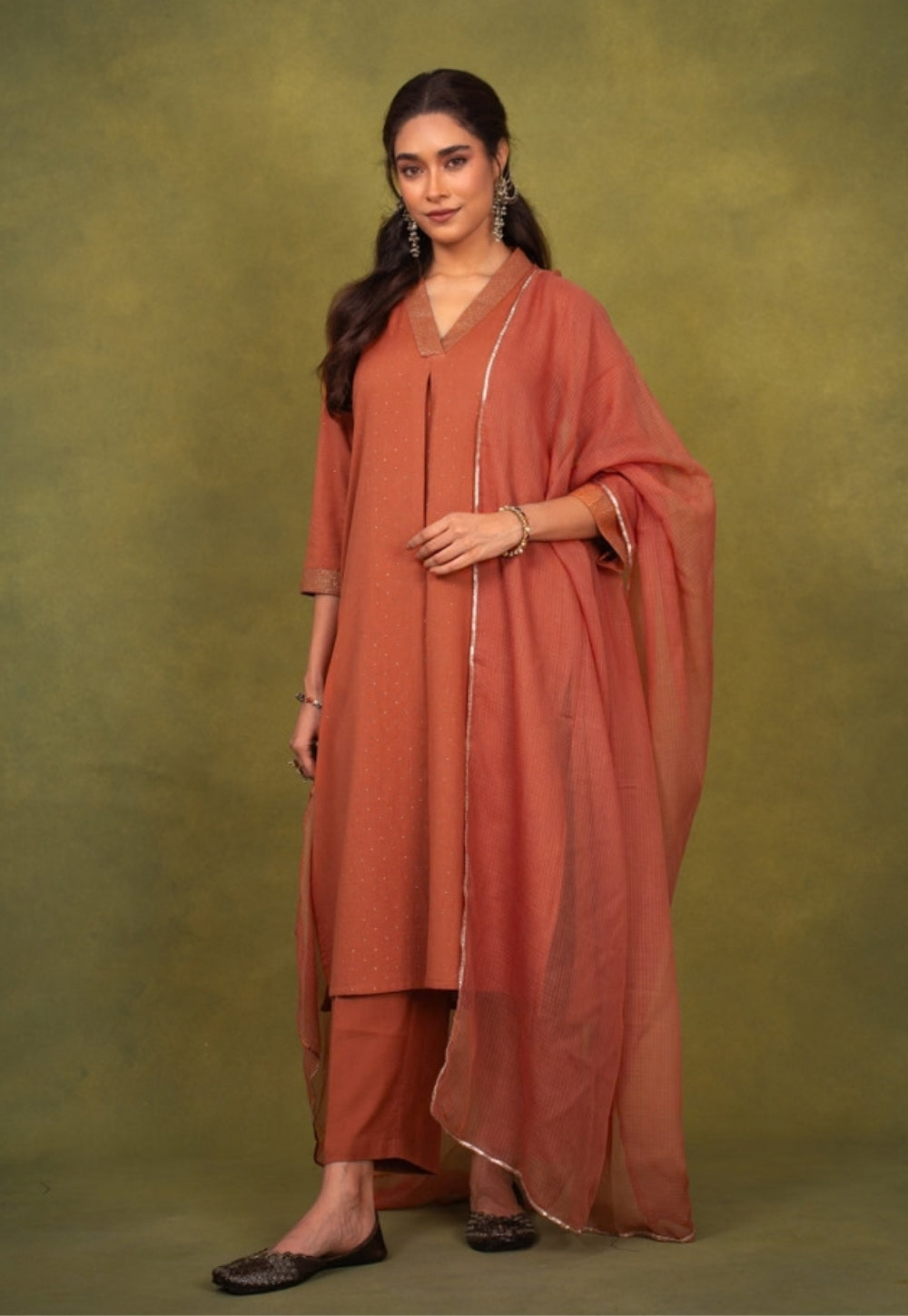 Sakhi Orange Rogan Handblock Printed Cotton Straight Kurta Suit Set (Set of 3)