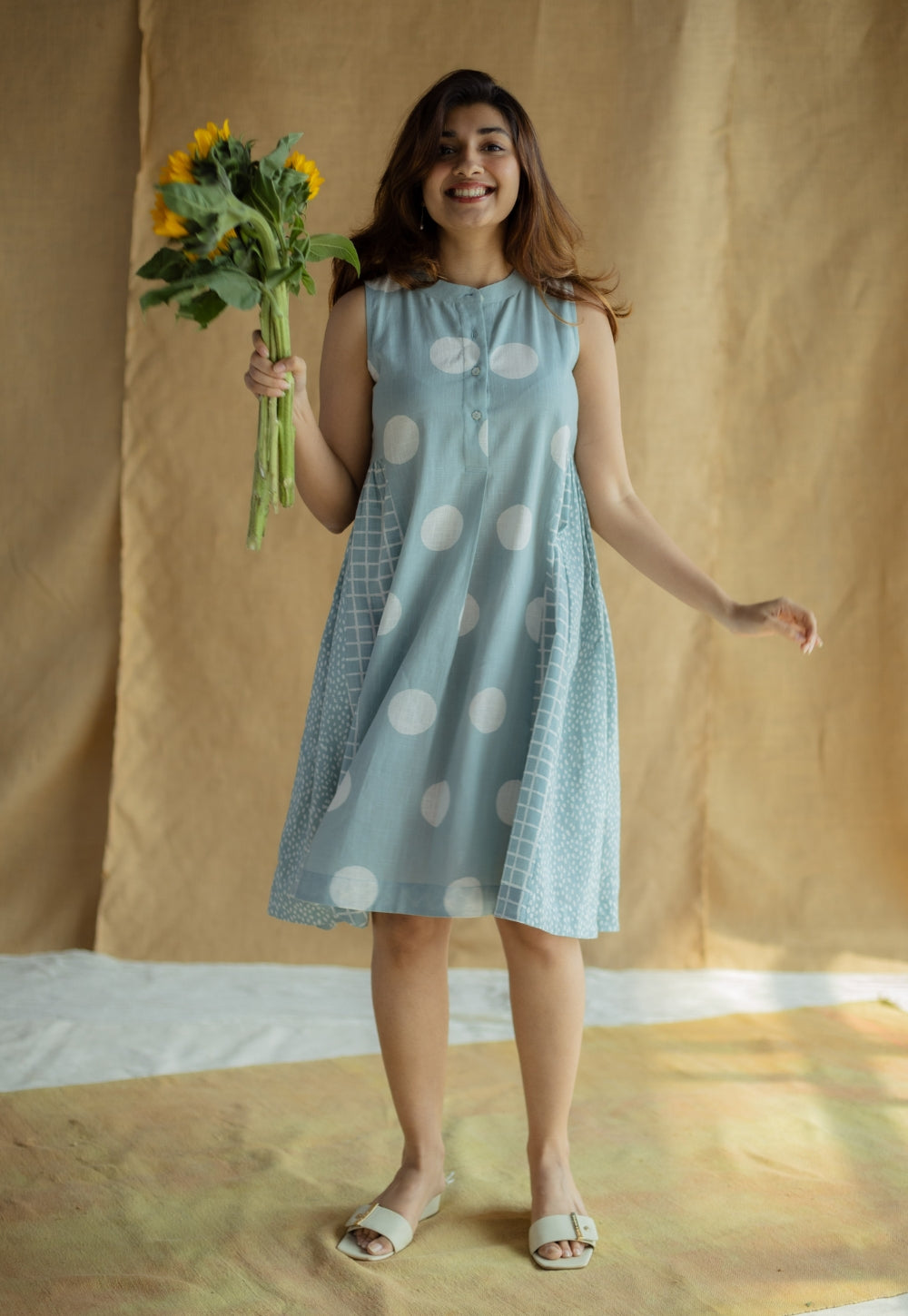 Fariyah Sky Blue Hand Block Print Slub Cotton A Line Dress