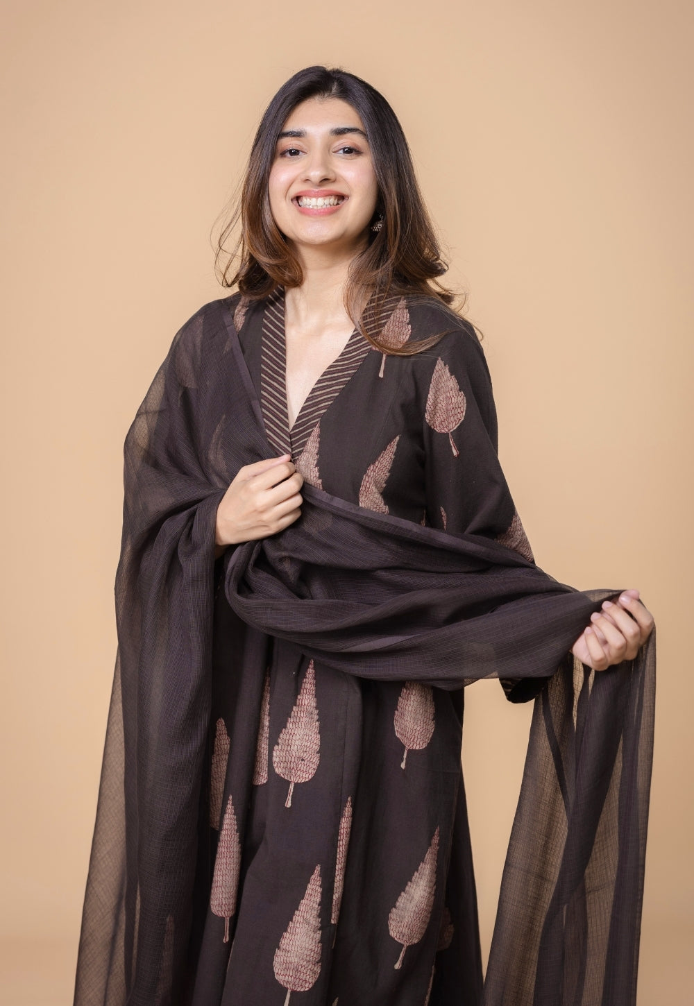 Eshita Brown Dabu Slub Cotton A Line Kurta