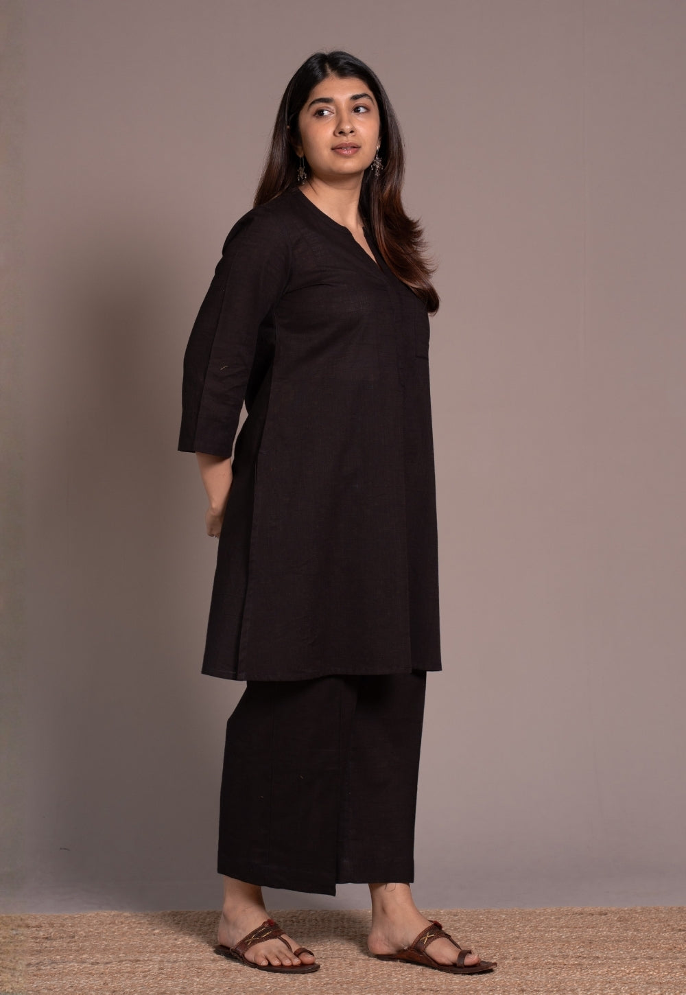 Dark Brown Solid Slub Cotton Straight Kurta - DyeVerse