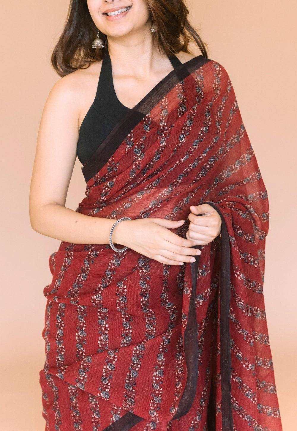 Red Floral Ajrakh Hand Block Print Kota Doria Cotton Saree