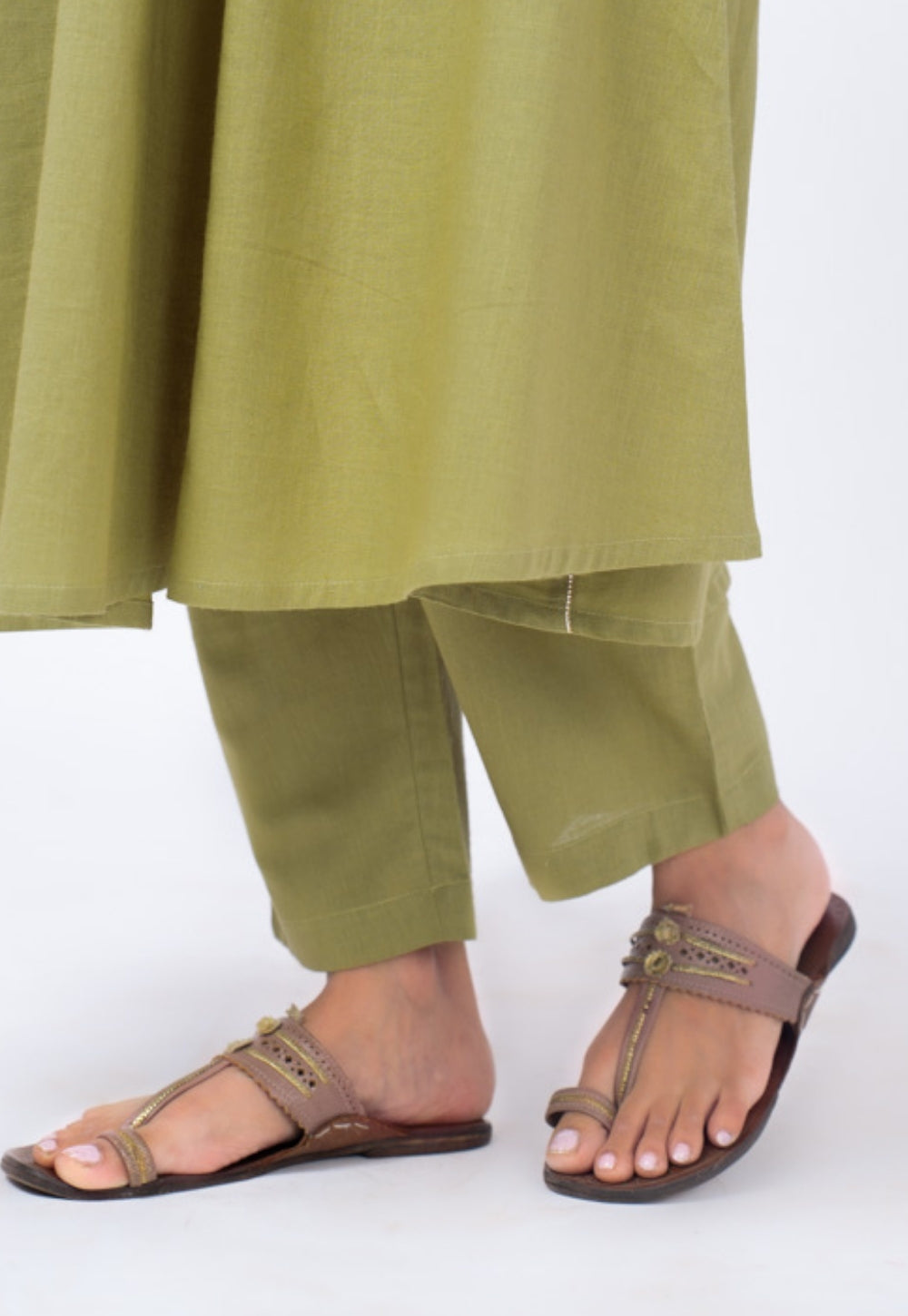 Yalini Green Solid Slub Cotton Kali Kurta Suit Set with Solid Dupatta (Set of 3)