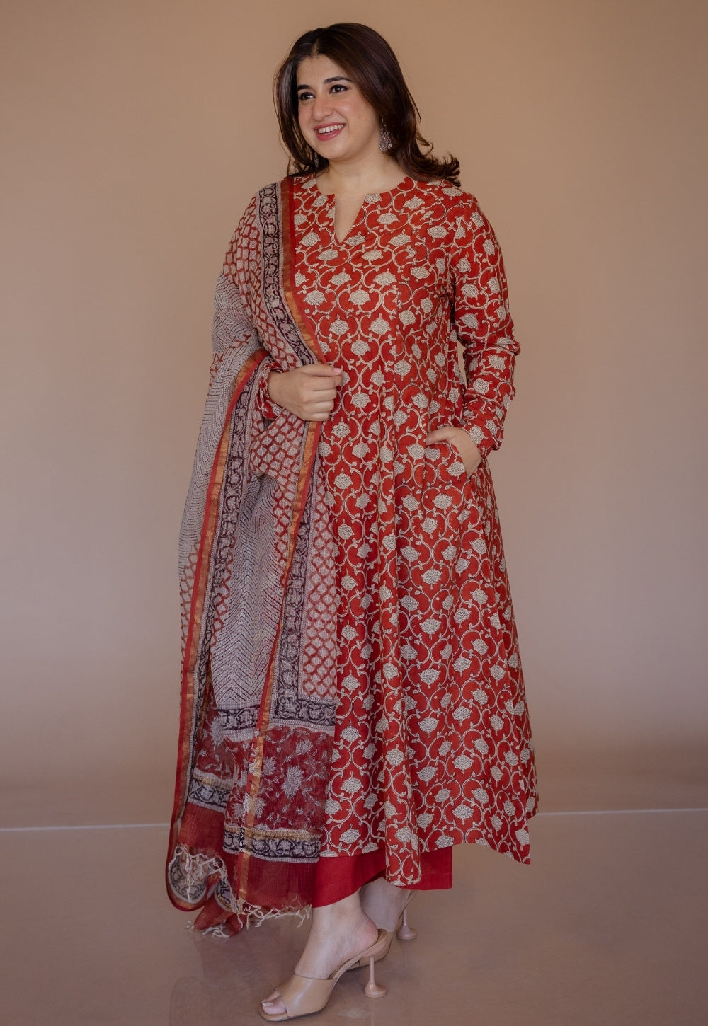 Shinat Red Bagru Cotton Kali Kurta