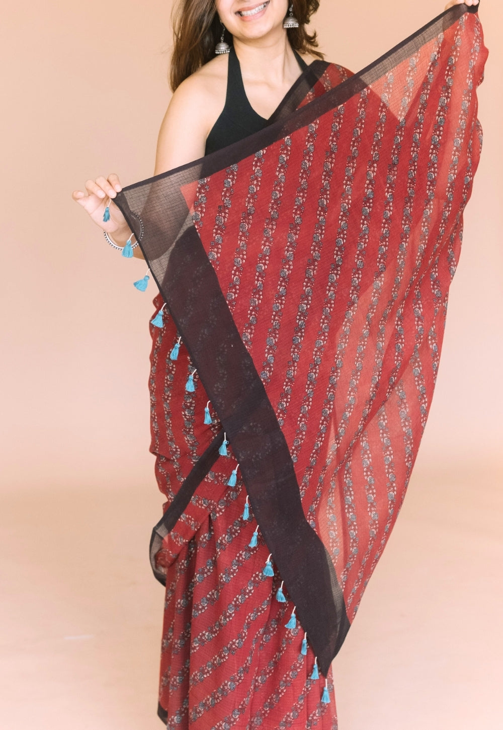 Red Floral Ajrakh Hand Block Print Kota Doria Cotton Saree