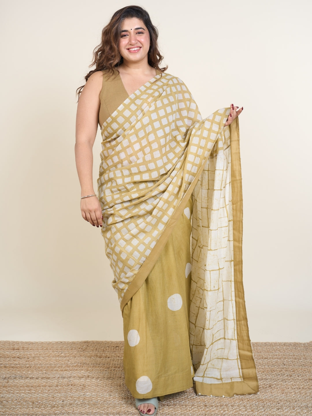 Esha Green Batik Hand Block Print Mul Cotton Saree with Embroidery