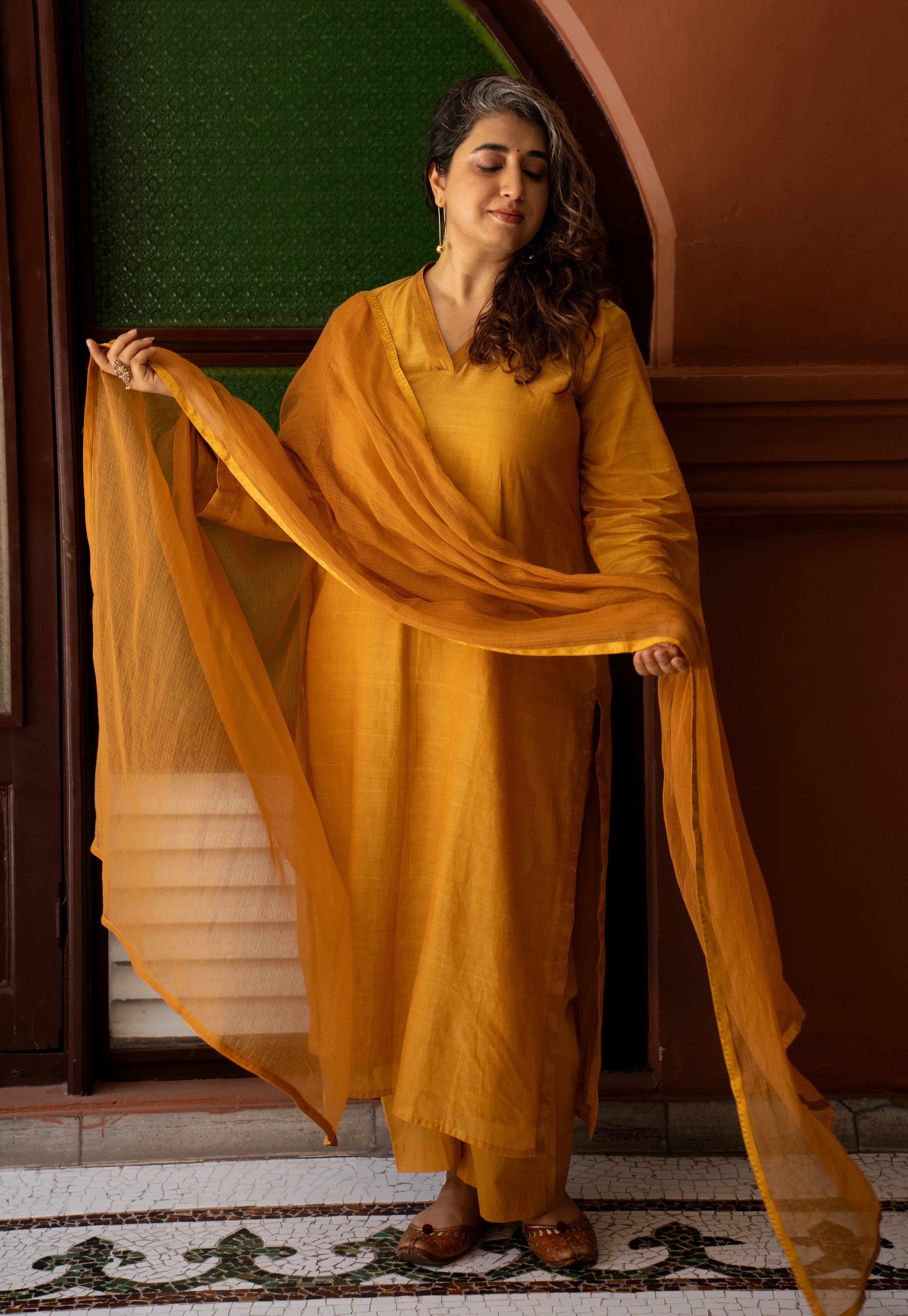 Mustard Solid Kota Doria Cotton Dupatta with Mangalgiri Border