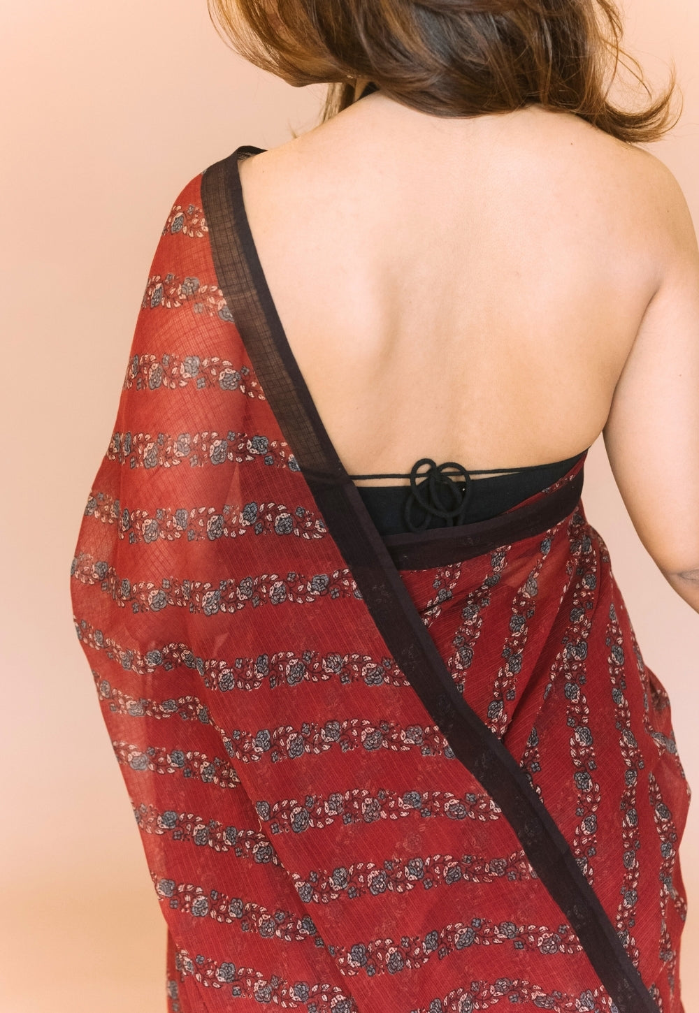 Red Floral Ajrakh Hand Block Print Kota Doria Cotton Saree