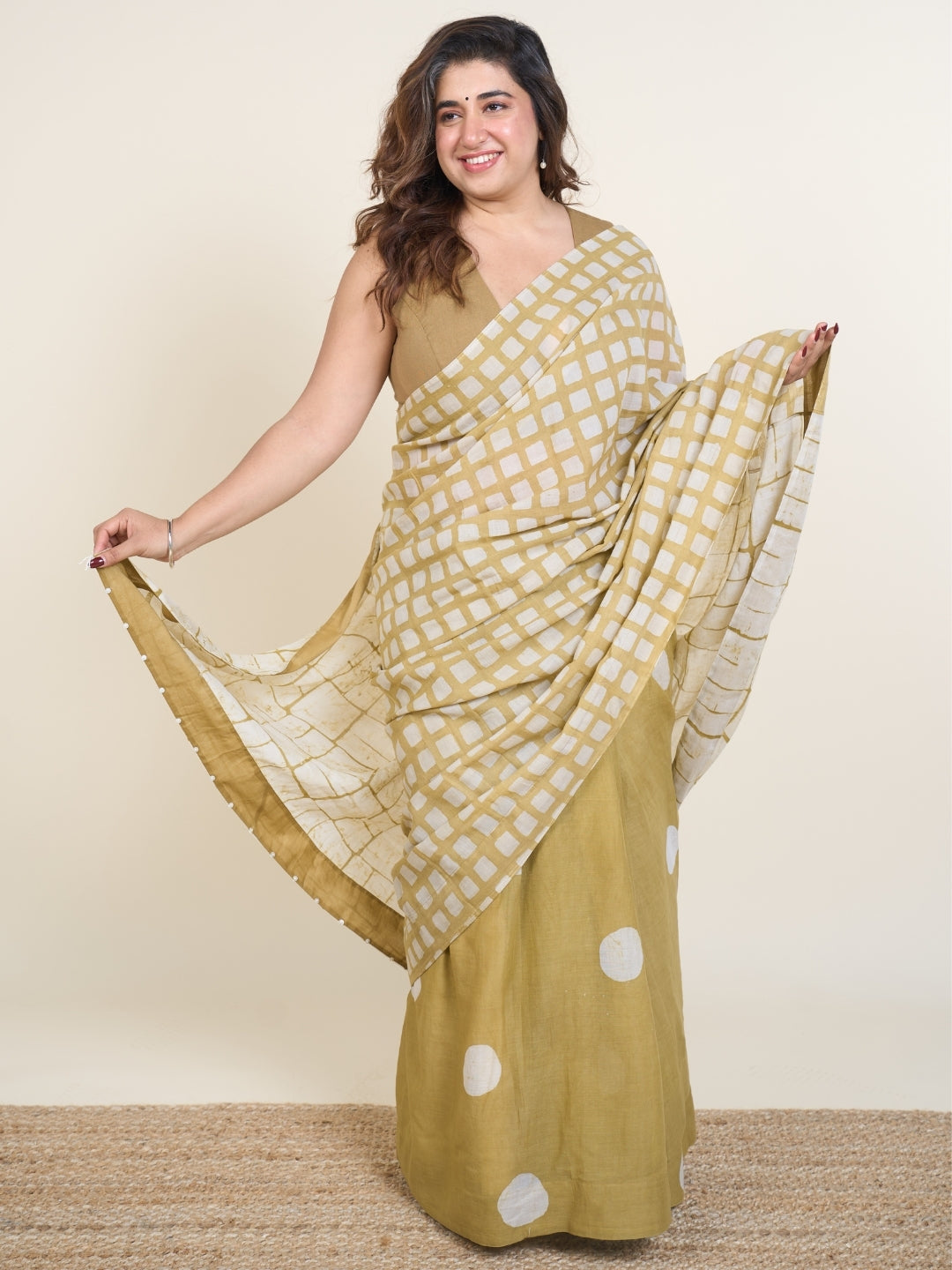 Esha Green Batik Hand Block Print Mul Cotton Saree with Embroidery