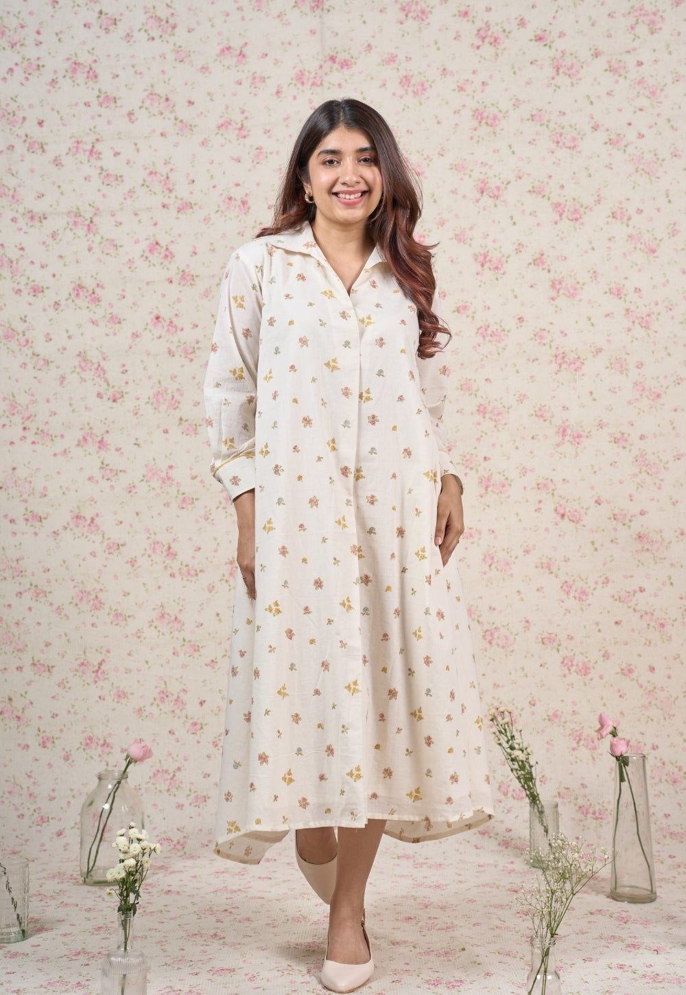 Stella White Sanganeri Mul Cotton A Line Dress
