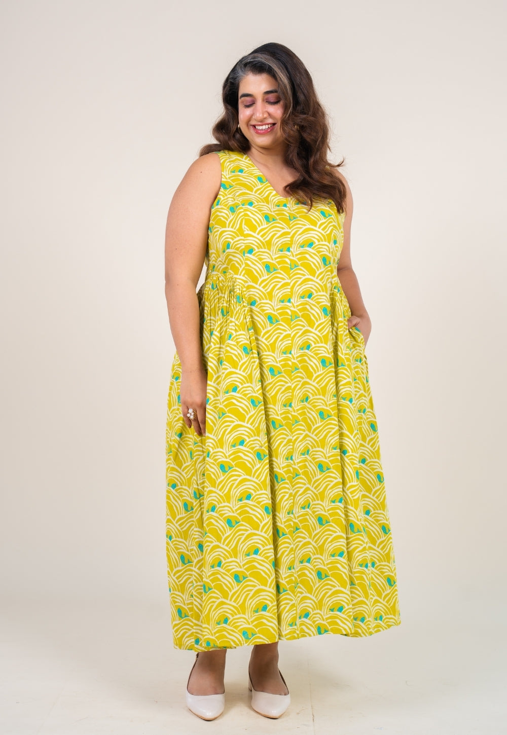 Navira Lime Green Printed Cotton A Line Dress