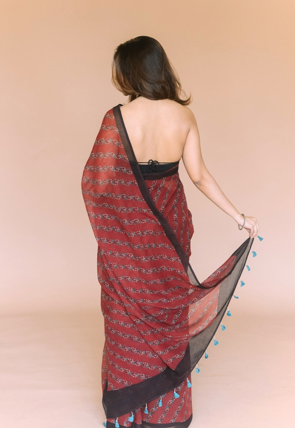 Red Floral Ajrakh Hand Block Print Kota Doria Cotton Saree
