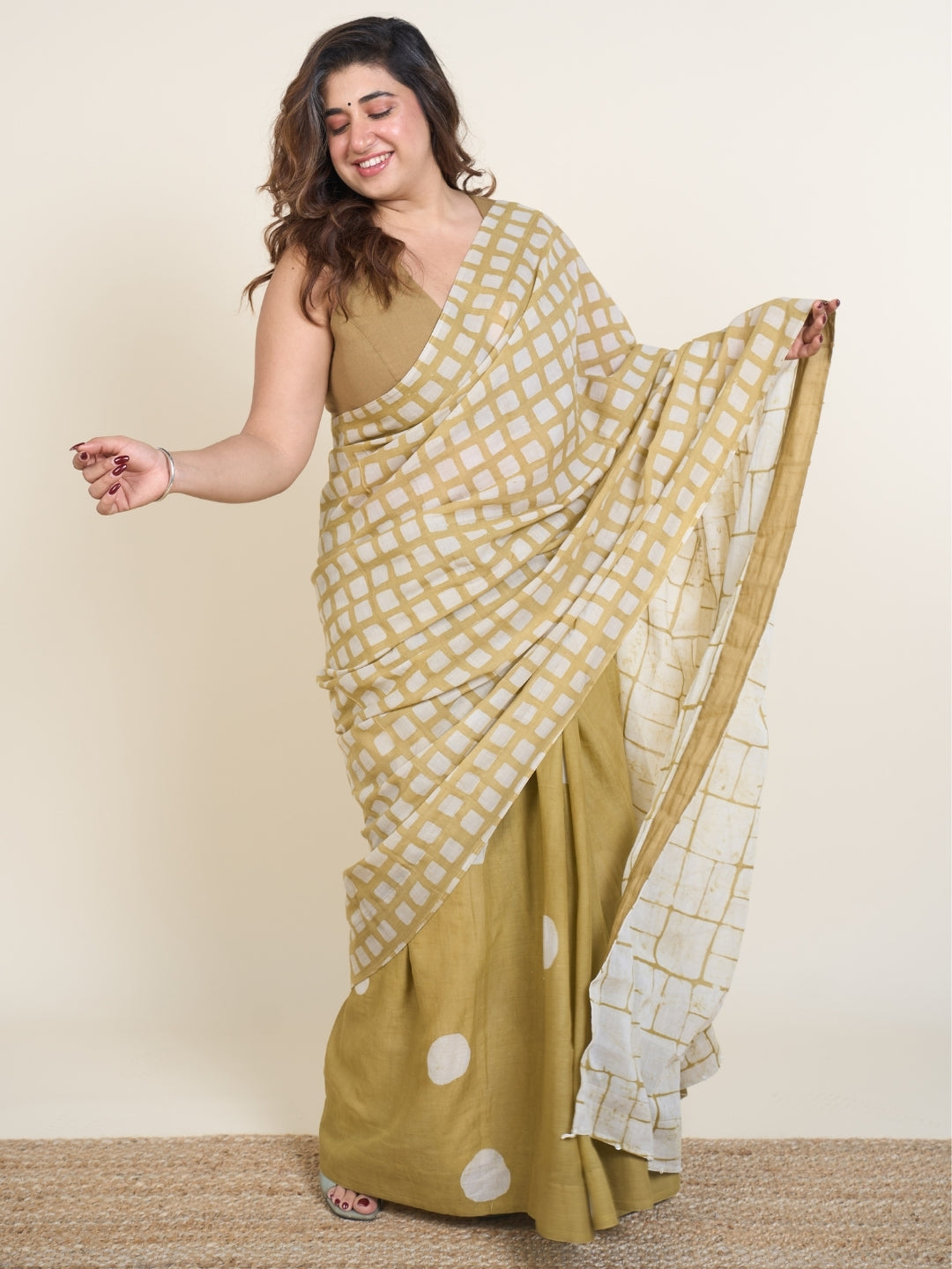 Esha Green Batik Hand Block Print Mul Cotton Saree with Embroidery