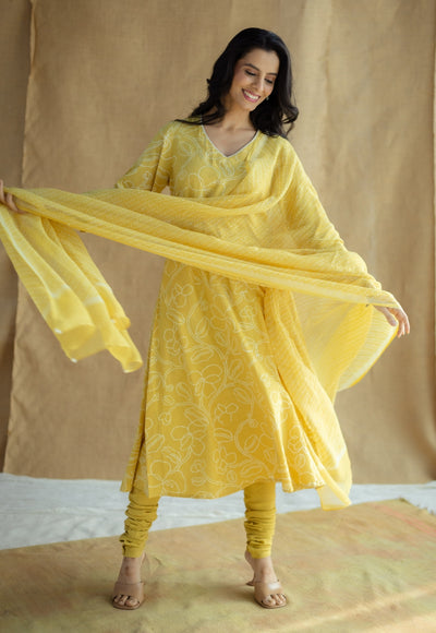 Zoya Mustard Hand Block Print Slub Cotton A Line Kurta with Hand Embroidery