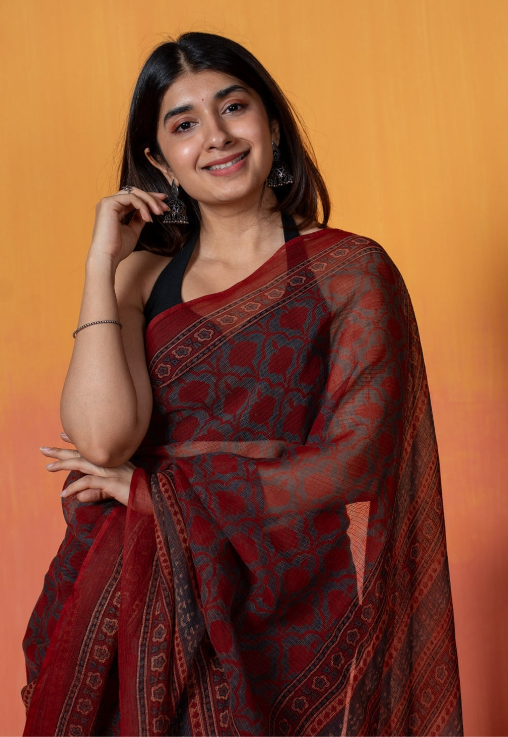 Red Floral Jaal Ajrakh Hand Block Print Kota Doria Cotton Saree