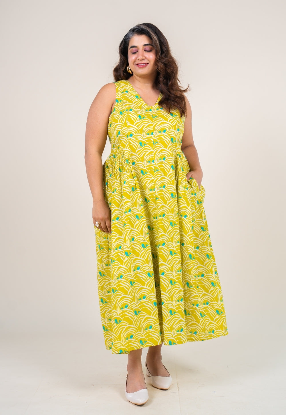 Navira Lime Green Printed Cotton A Line Dress
