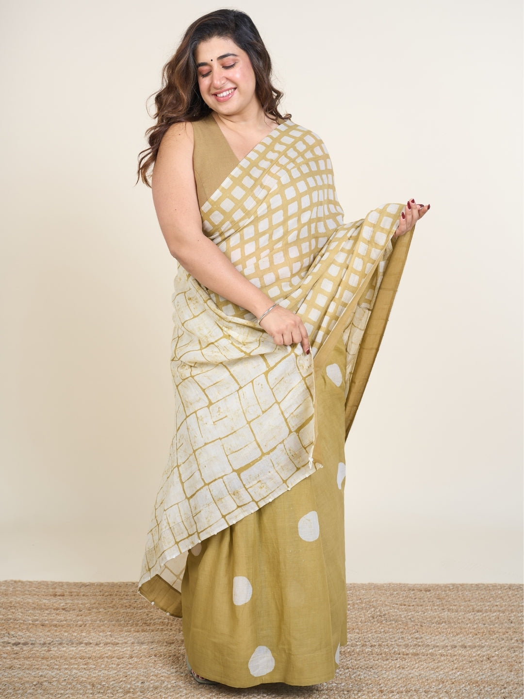 Esha Green Batik Hand Block Print Mul Cotton Saree with Embroidery