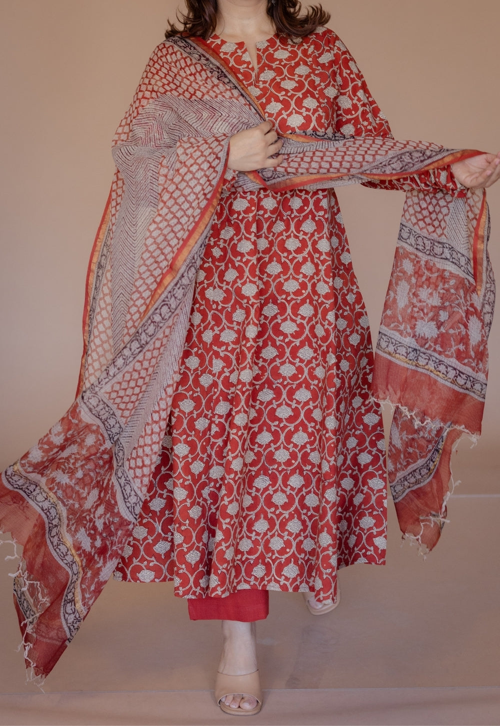 Shinat Red Bagru Cotton Kali Kurta