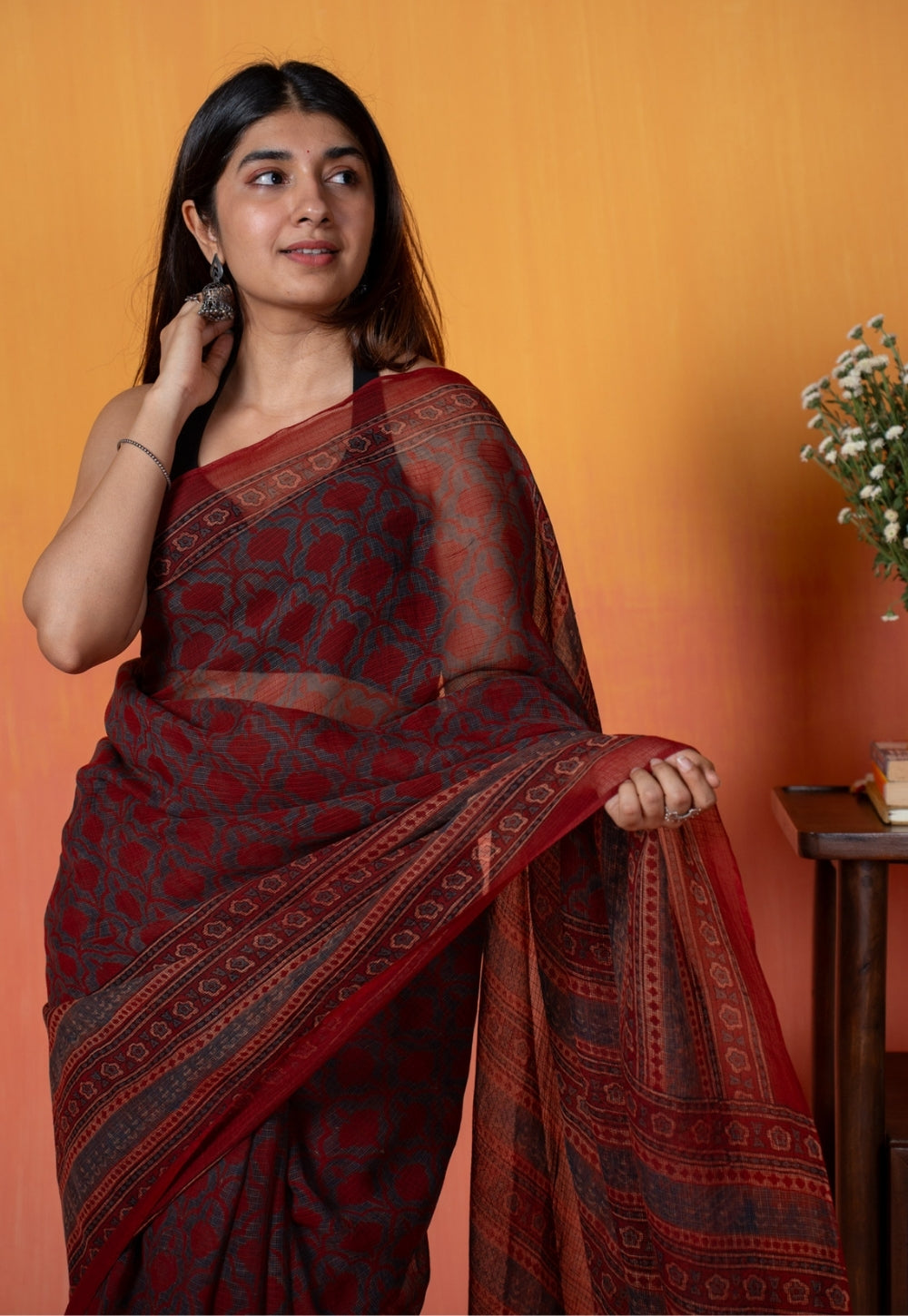 Red Floral Jaal Ajrakh Hand Block Print Kota Doria Cotton Saree