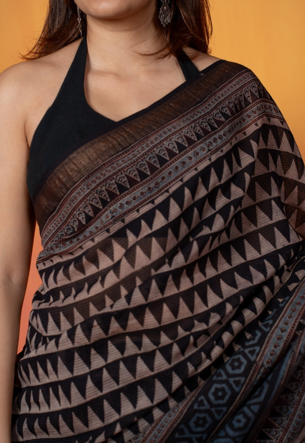 Black Tribal Ajrakh Hand Block Print Maheshwari Saree