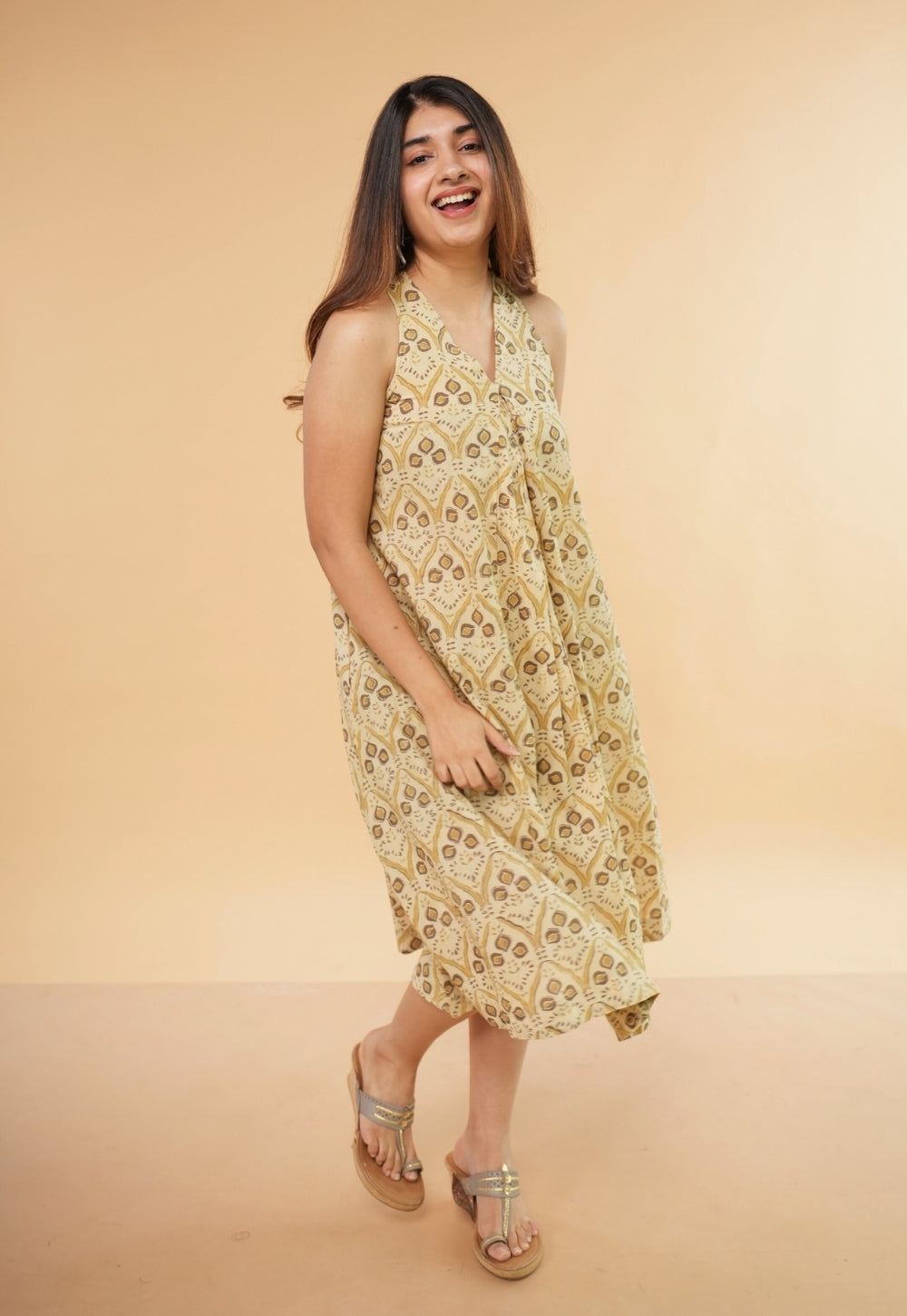 Eira Beige Ajrakh Cotton A Line Dress
