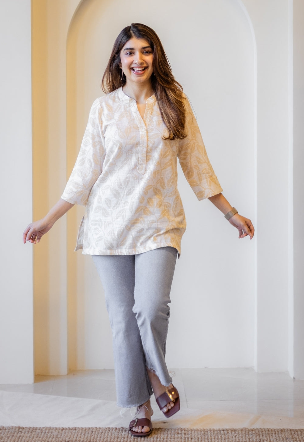 Zinia Beige Hand Block Print Slub Cotton Straight Short Top