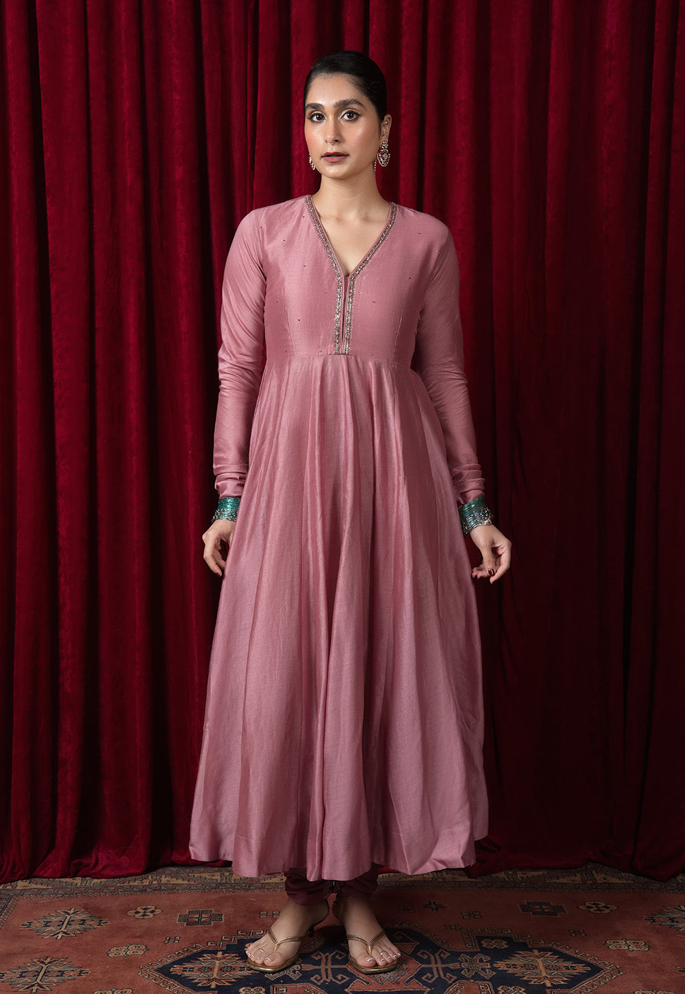 Husna Pink Solid Chanderi Silk Kali Kurta with Hand Embroidery