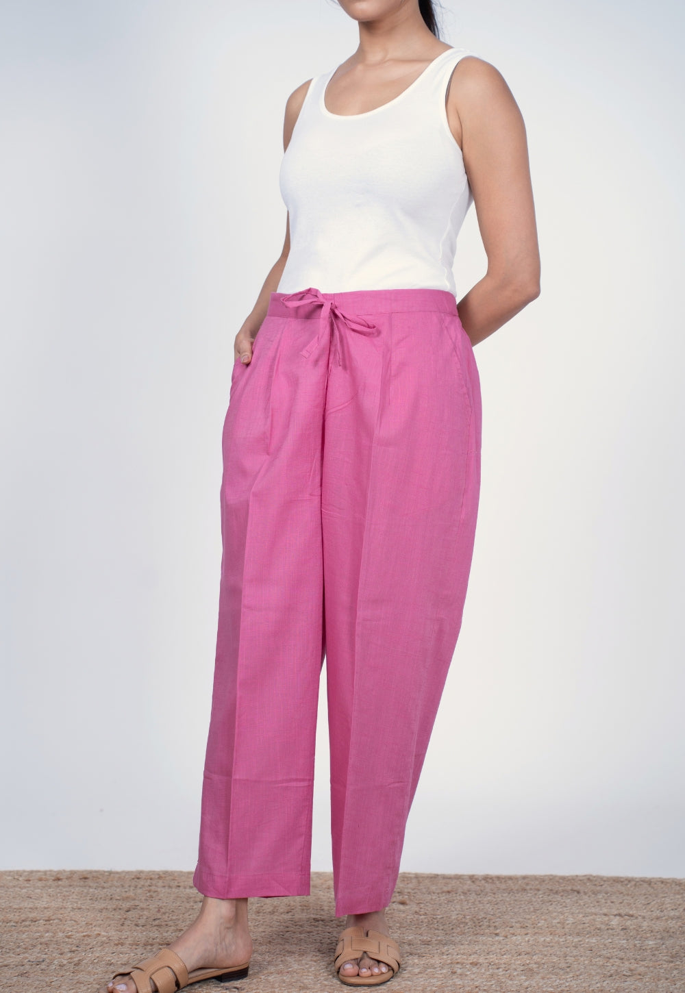 Yashi Pink Solid Slub Cotton Straight Pant