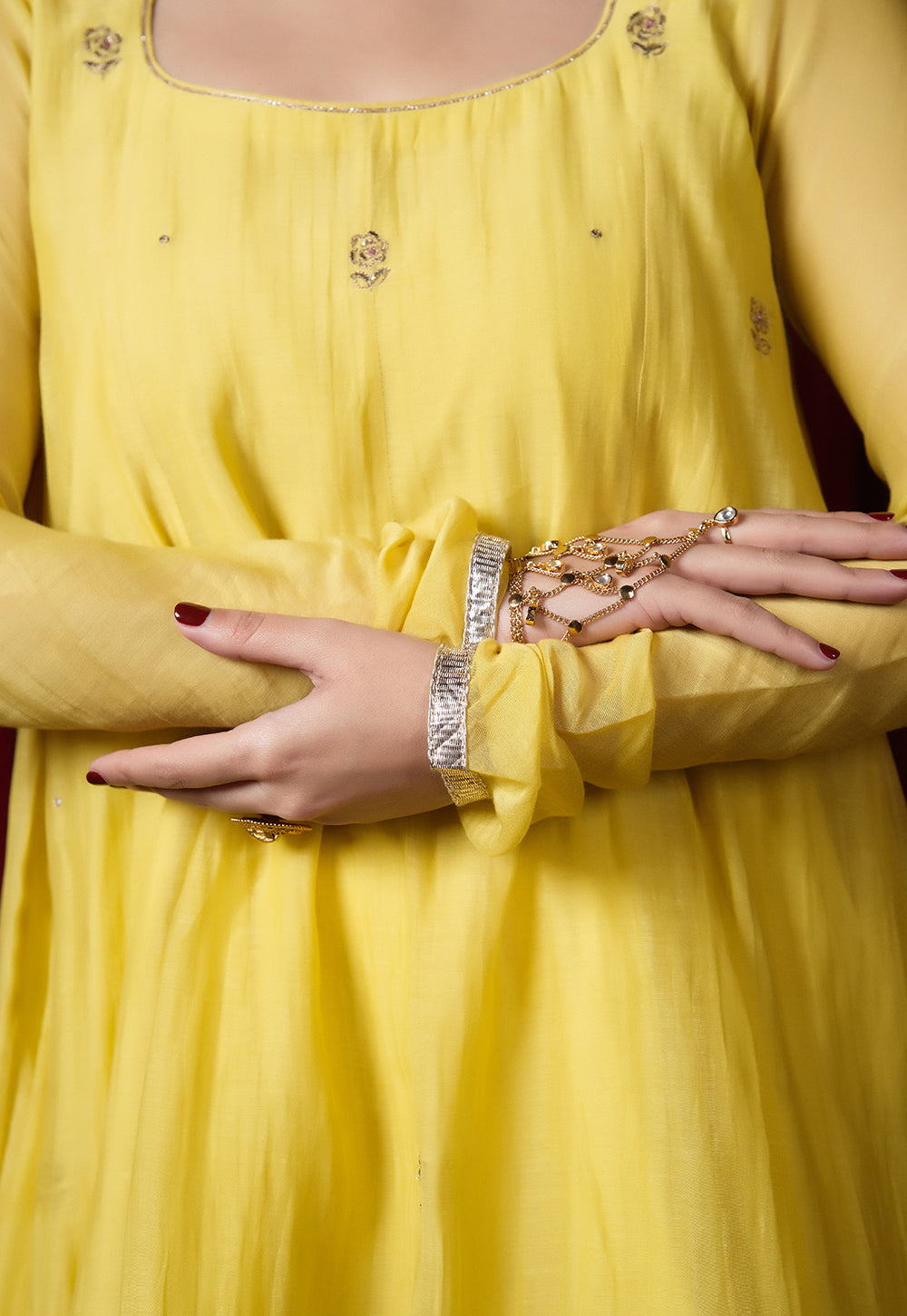Adha Yellow Solid Chanderi Silk A Line Kurta with Hand Embroidery