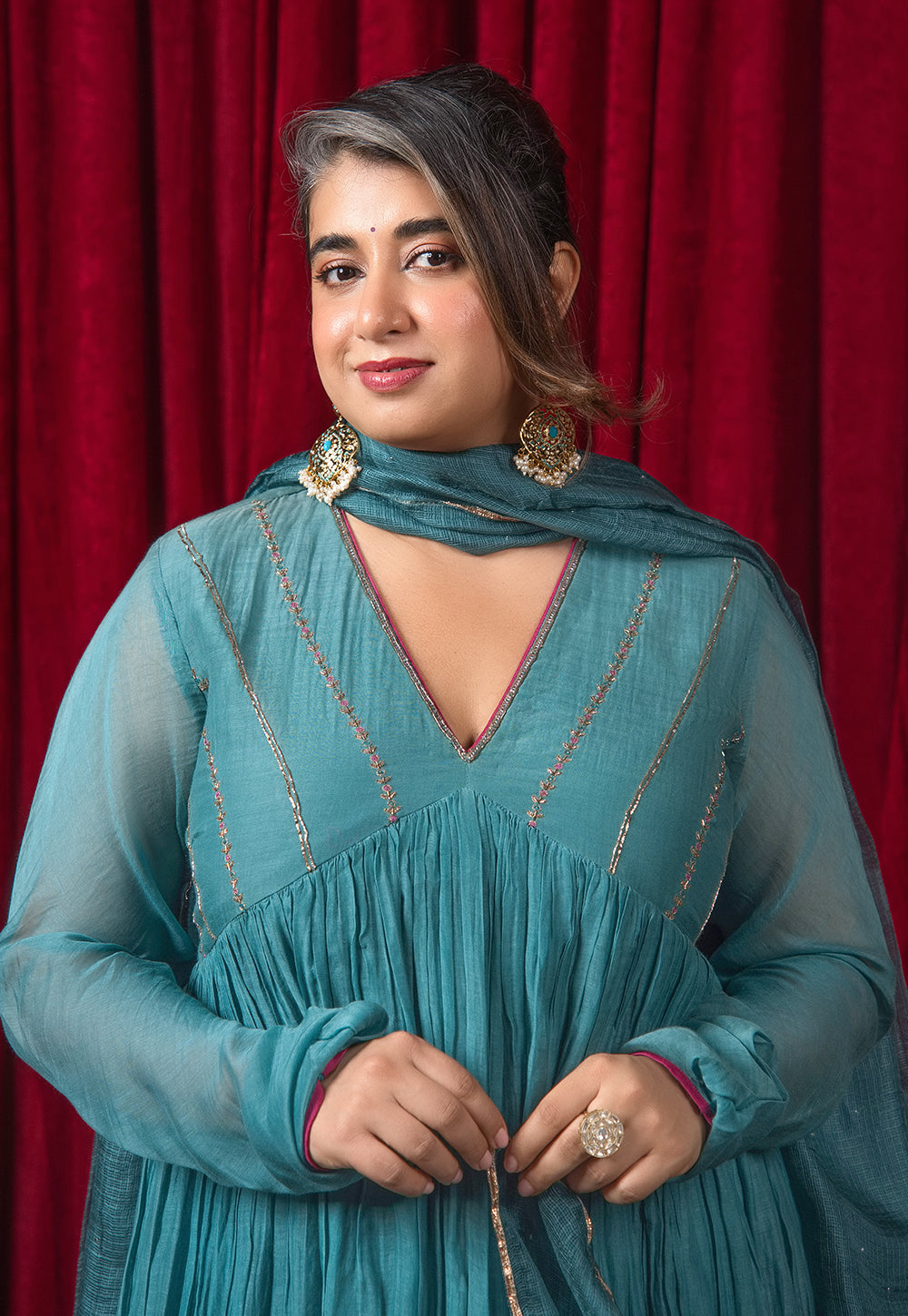 Urmi Green Solid Chanderi Silk Kali Kurta with Hand Embroidery