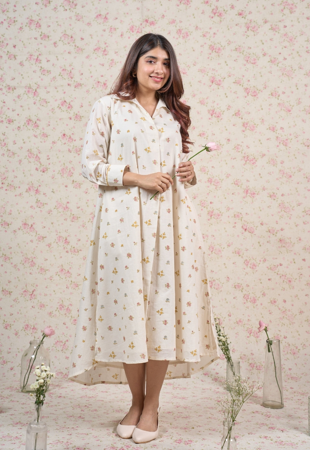 Stella White Sanganeri Mul Cotton A Line Dress