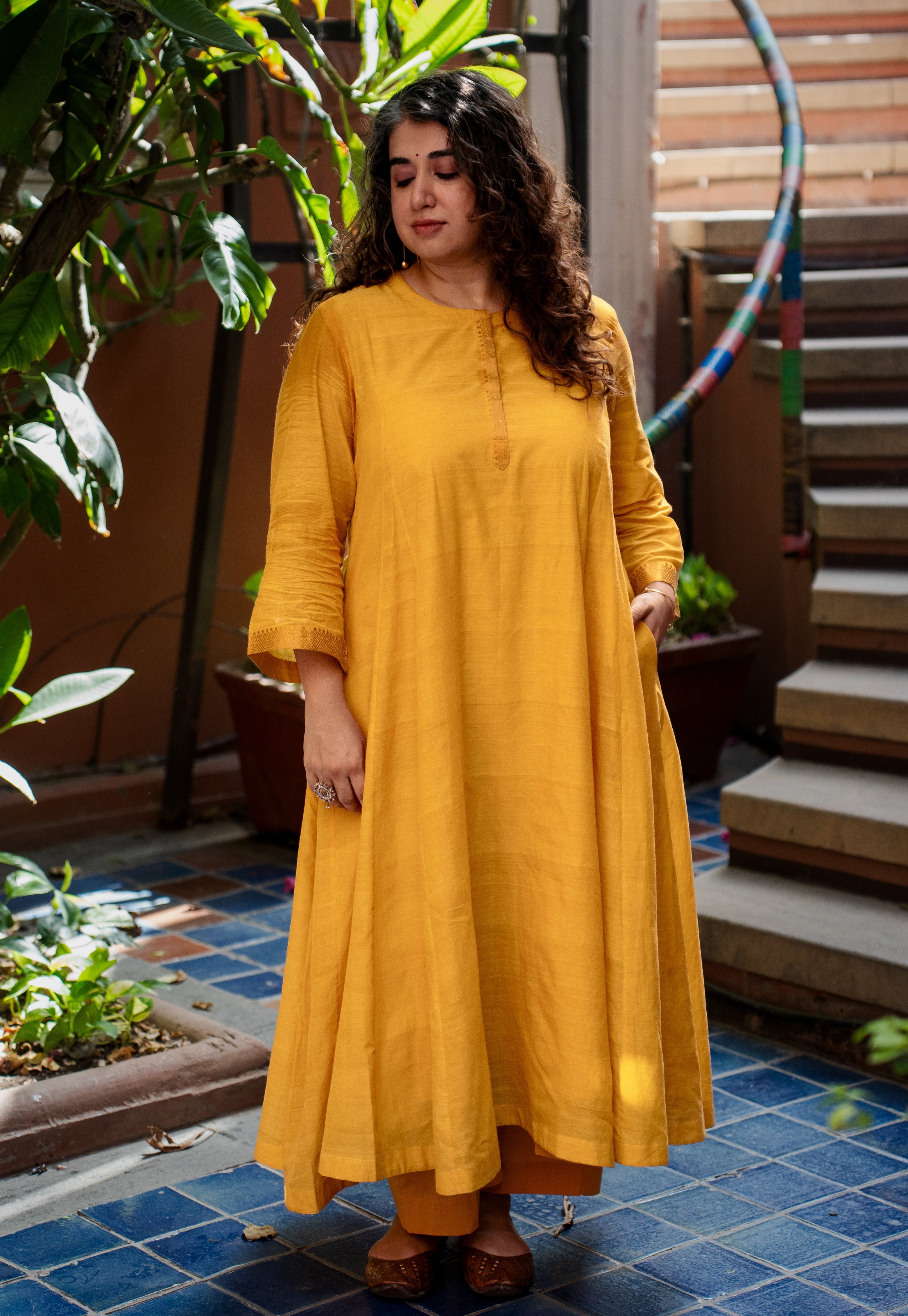 Sujata Yellow Mangalgiri Cotton Kali Kurta with Nizam Border