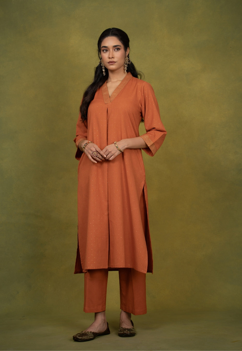 Sakhi Orange Rogan Handblock Printed Cotton Straight Kurta Suit Set (Set of 3)
