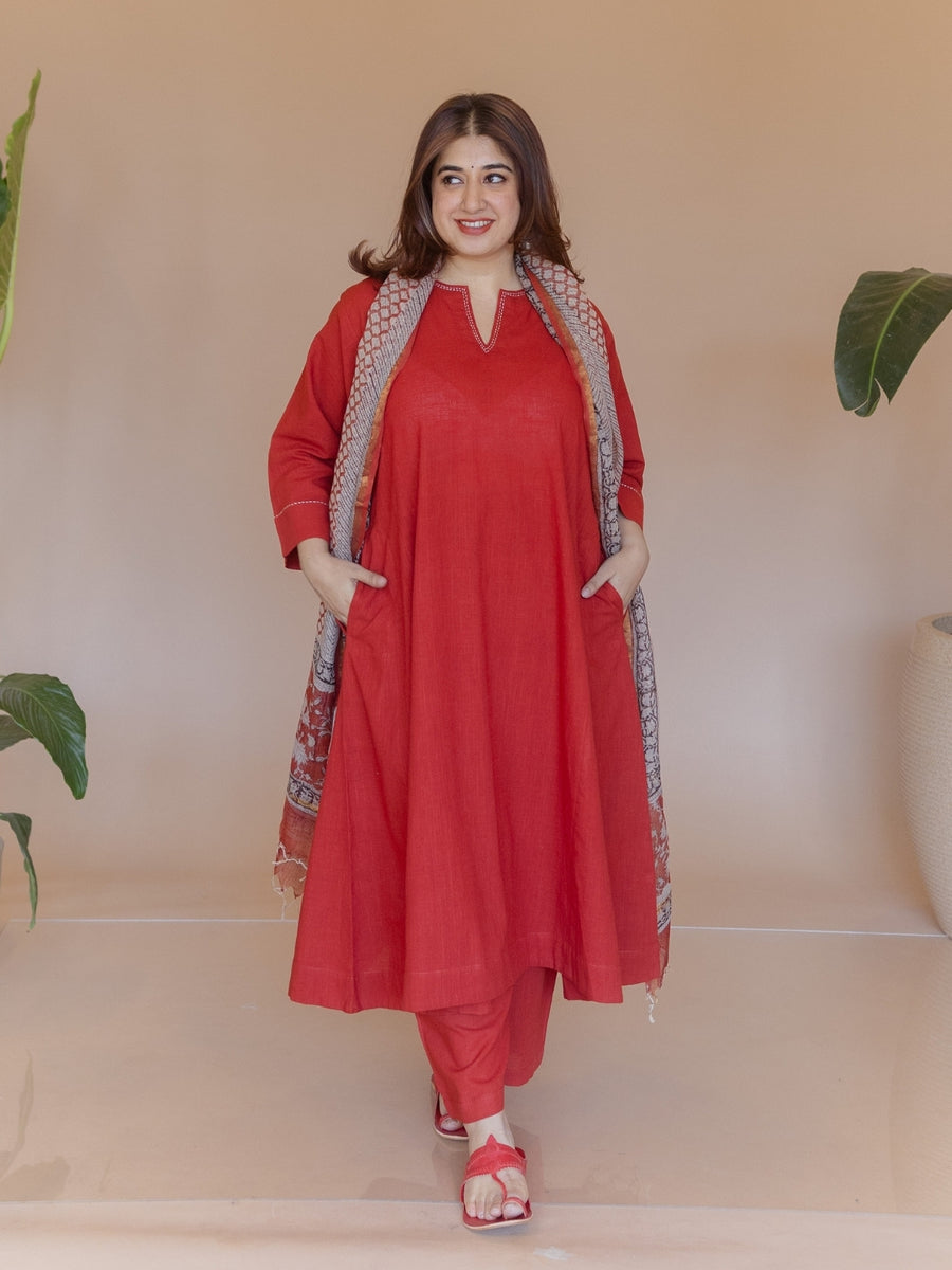 Nyra Red Solid Slub Cotton Jhabbha Kali Kurta with Hand Embroidery