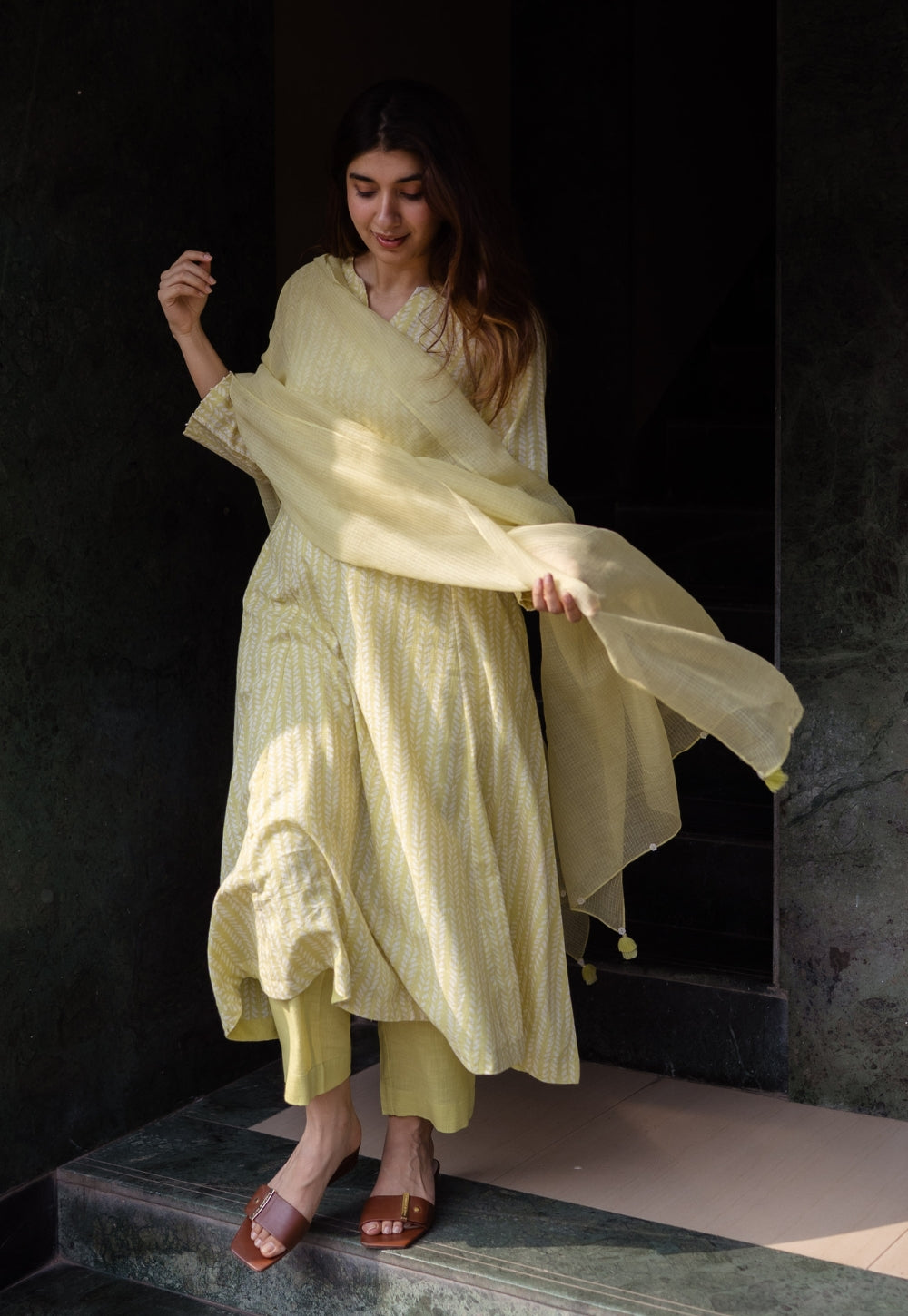 Malika Lime Green Hand Block Print Slub Cotton Kali Kurta with Hand Embroidery