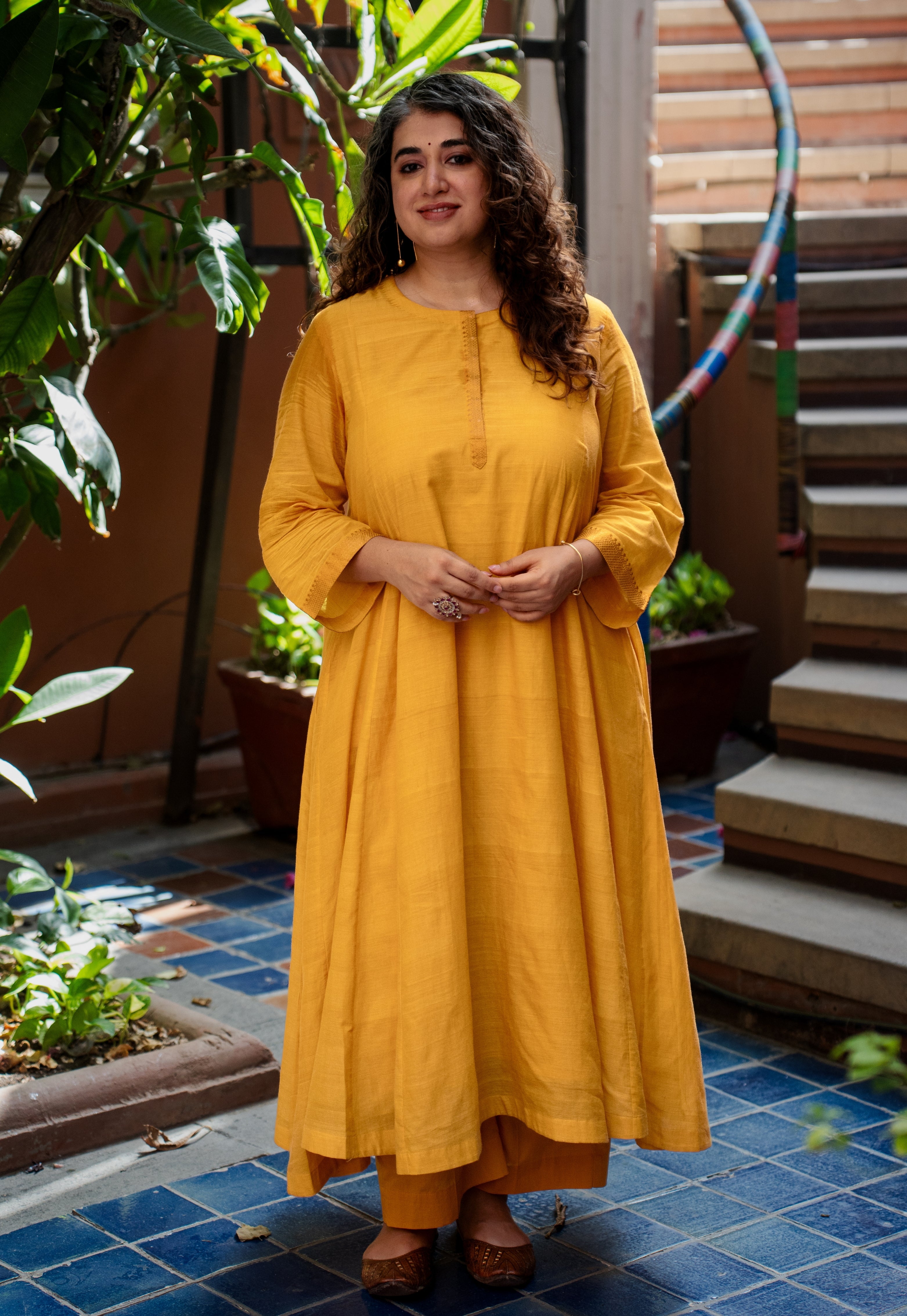 Sujata Yellow Mangalgiri Cotton Kali Kurta with Nizam Border
