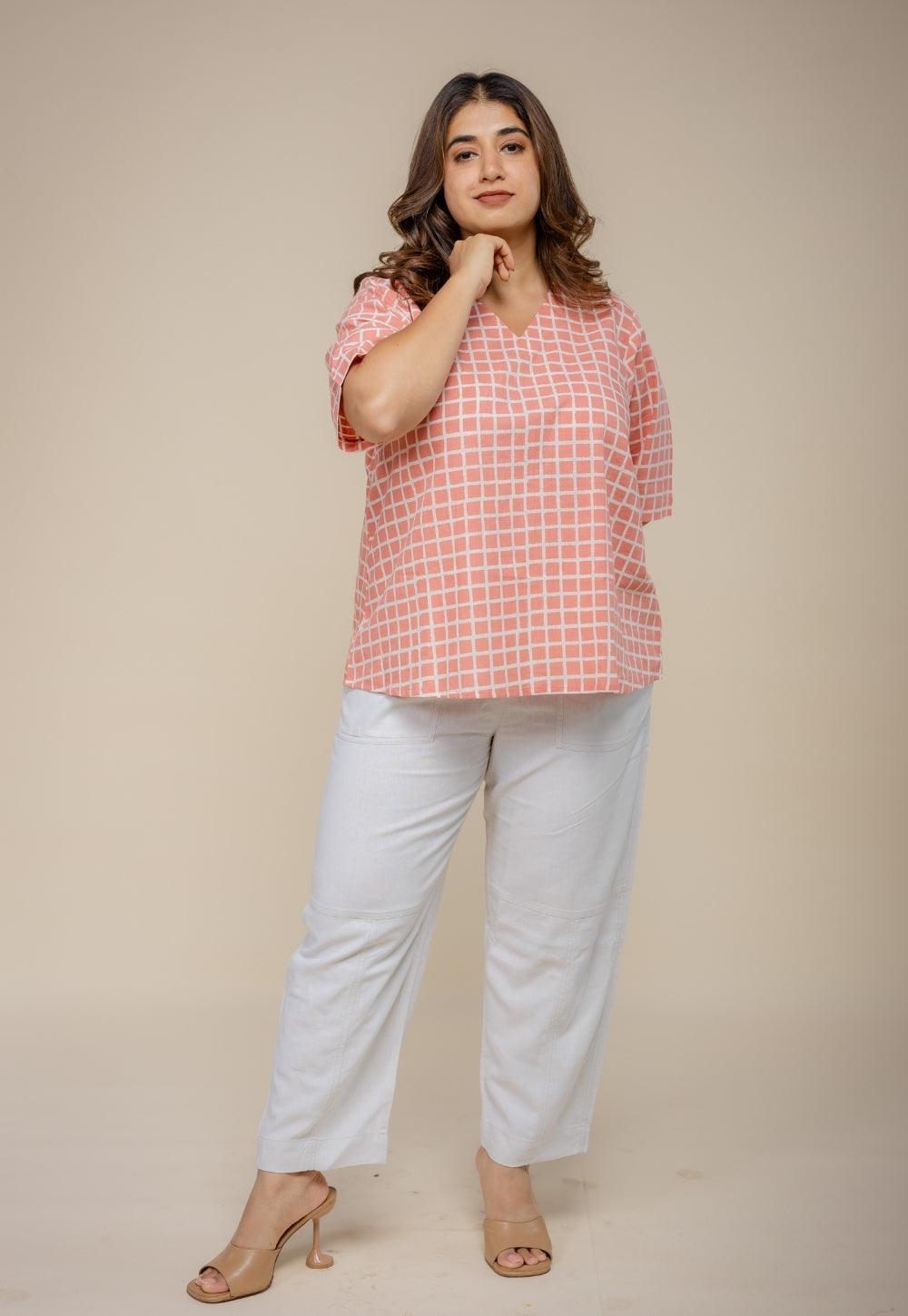 Saiya Red Hand Block Print Slub Cotton Straight Short Top