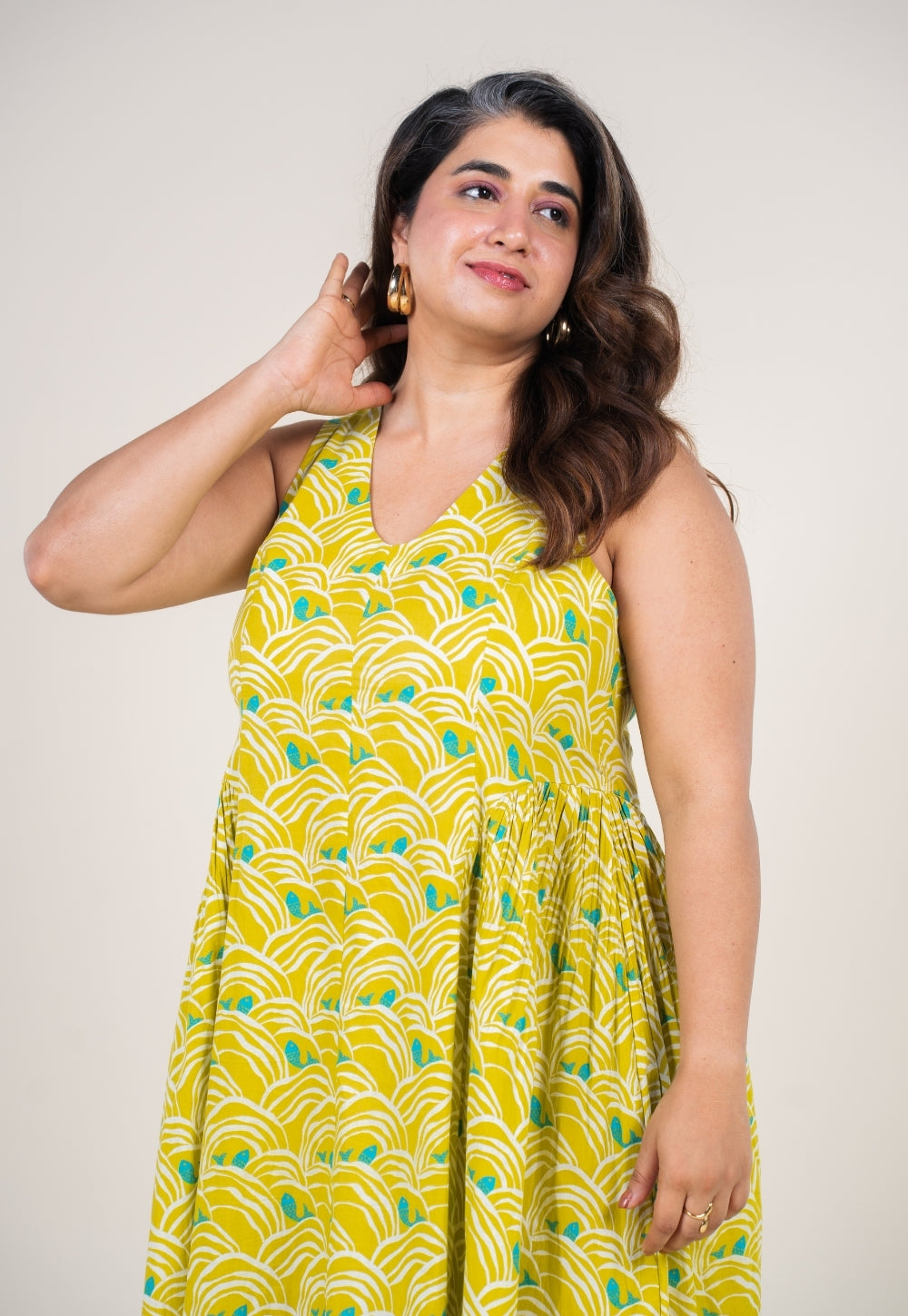 Navira Lime Green Printed Cotton A Line Dress