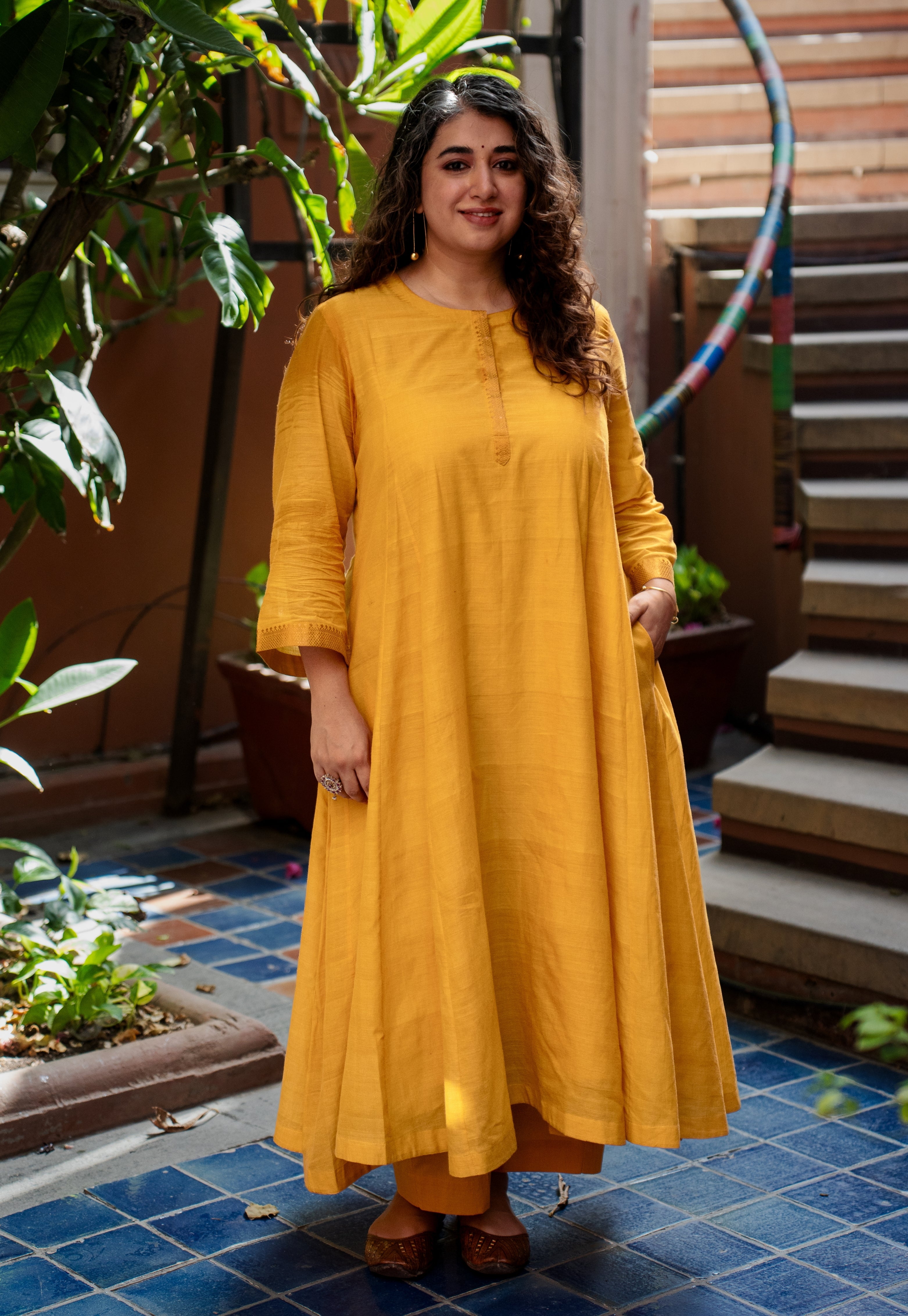 Sujata Yellow Mangalgiri Cotton Kali Kurta with Nizam Border