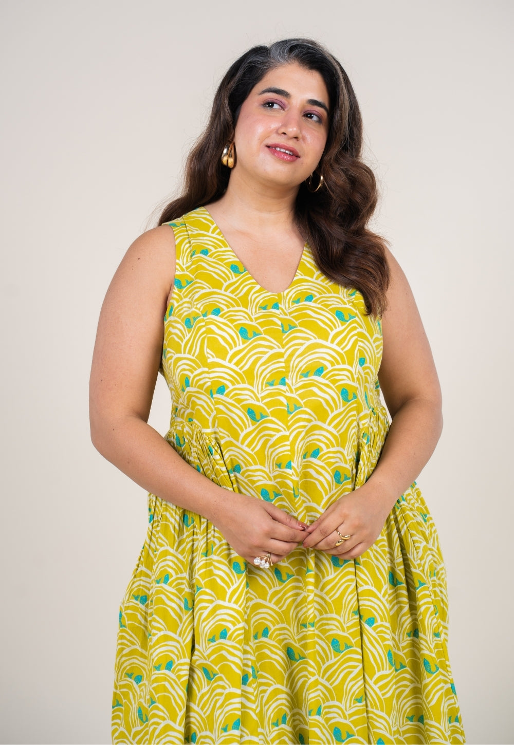 Navira Lime Green Printed Cotton A Line Dress