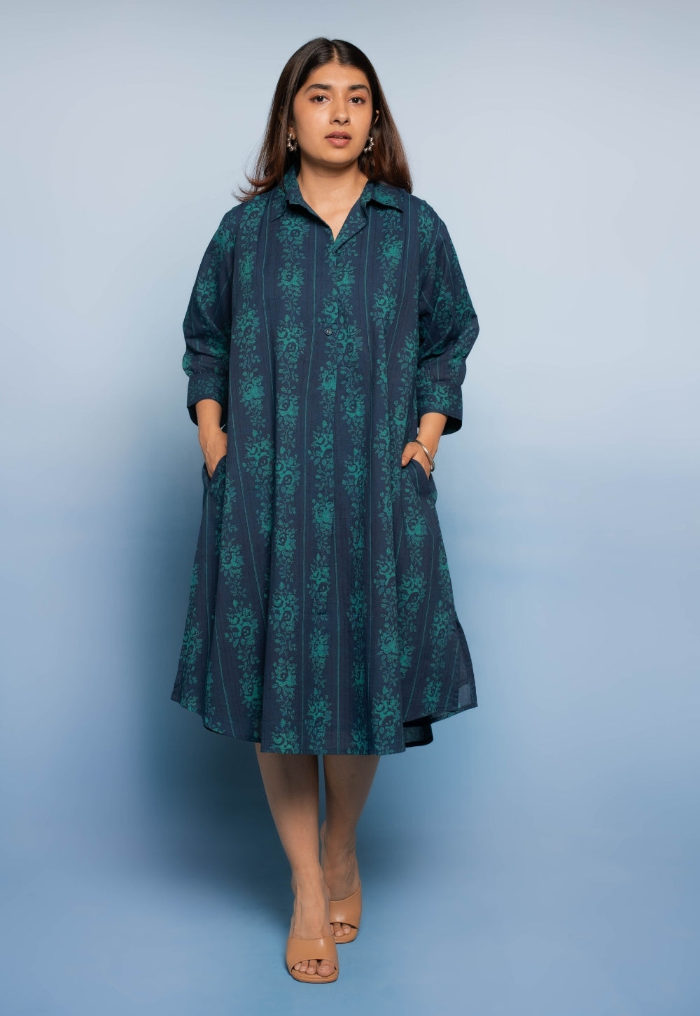 Ridah Blue Dabu Mul Cotton A Line Dress S