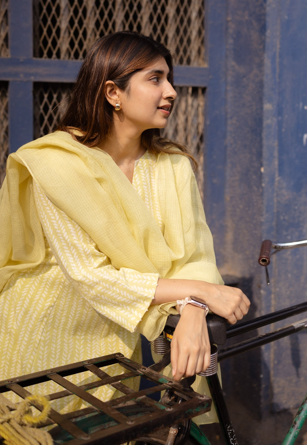 Malika Lime Green Hand Block Print Slub Cotton Kali Kurta with Hand Embroidery